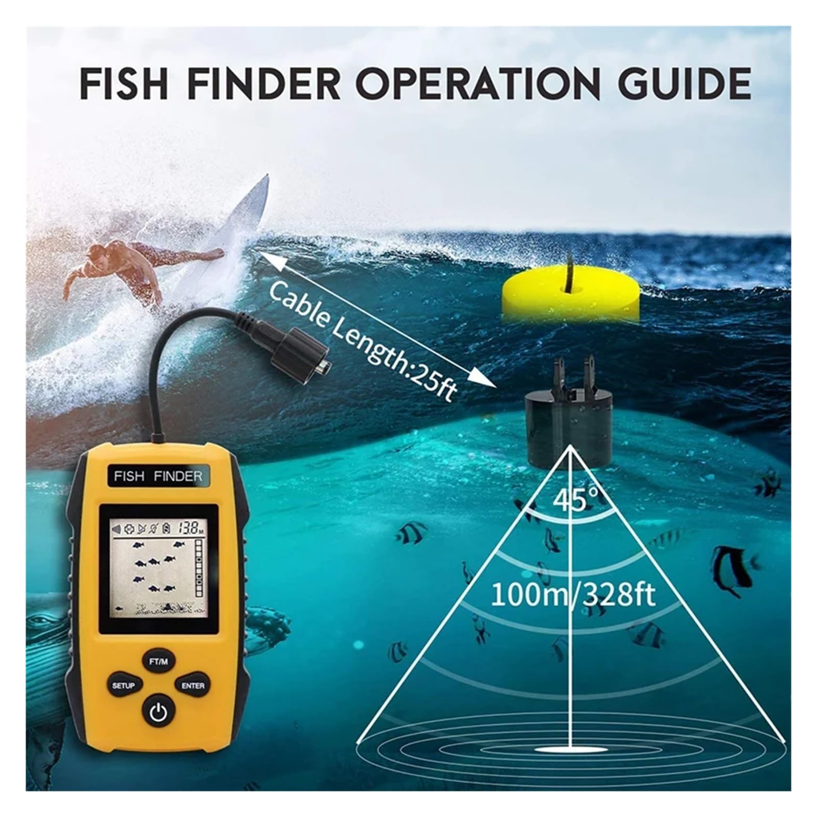 Alarma de Pesca con Sonar inalámbrico con Cable, buscador de Peces, sonda de Profundidad subacuática, Detector de Pesca,Sensibilidad de detección