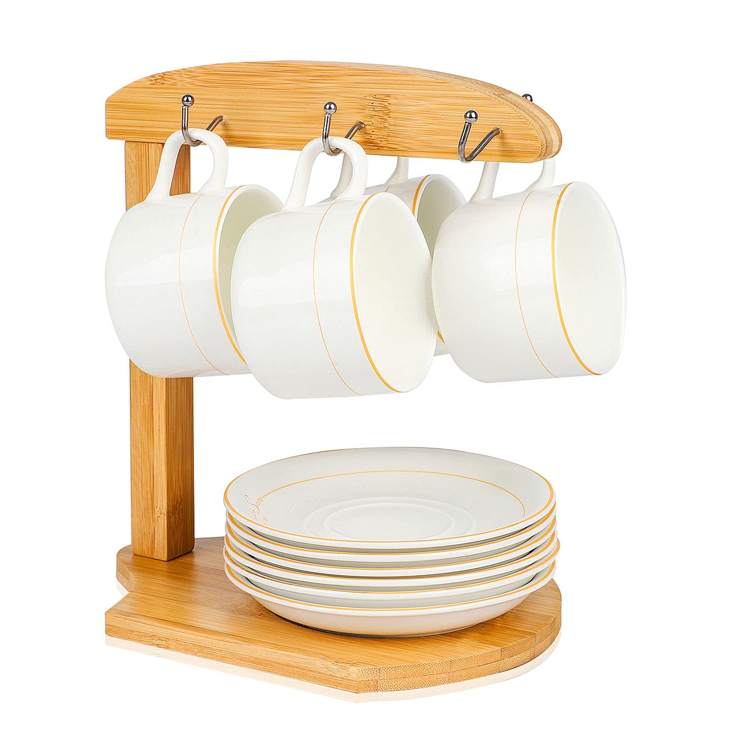 TAIHE Coffee Mug Holder, Kitchen Coffee Cup Dry Storage Rack with 6 Hooks can Hanging Your Love Mug & Cup & Tea Cup, Countertop Cup Hold 8x6 x9" (Natural Bamboo)