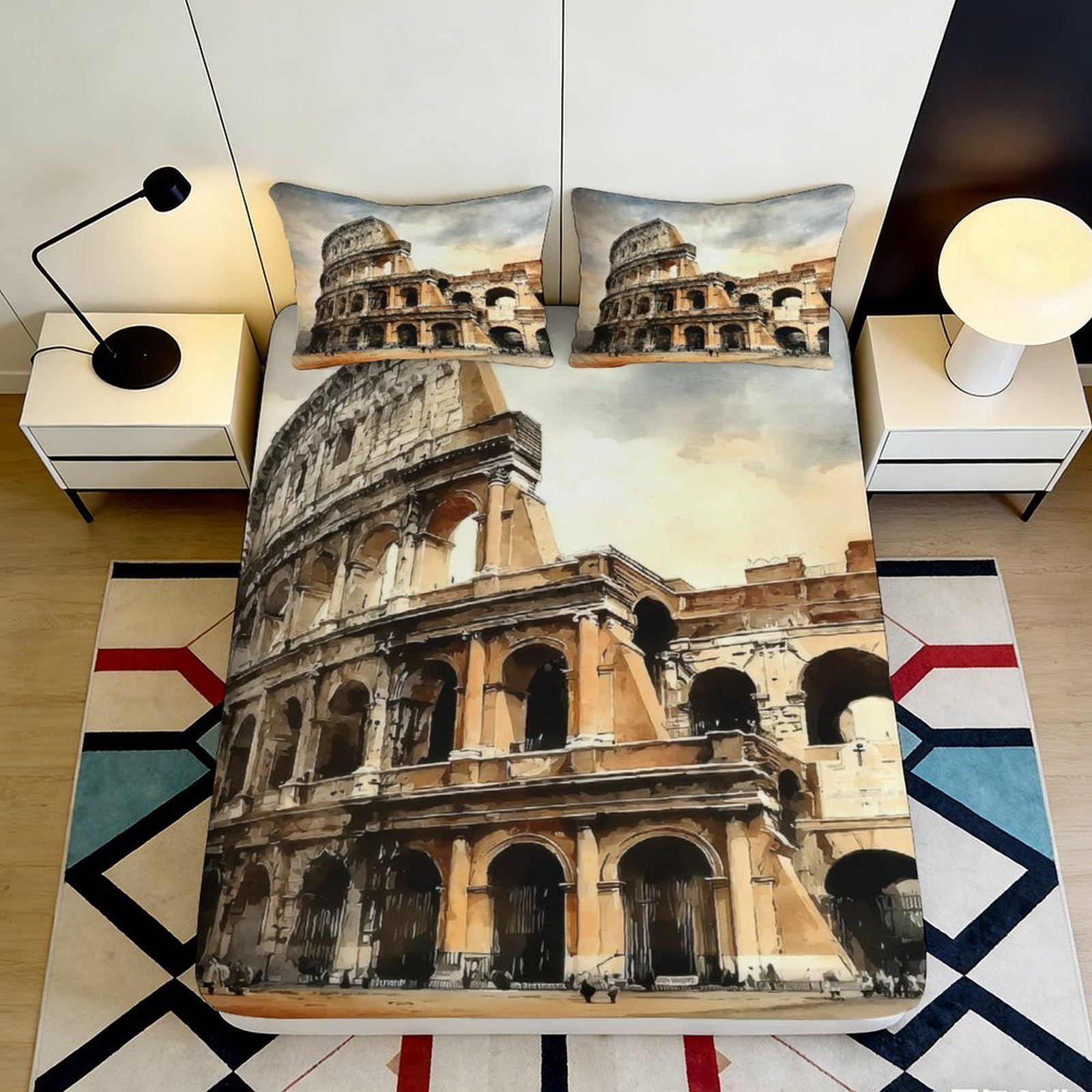 3D Printed Colosseum Rome Fitted Sheet Microfiber Soft Art Mattress Cover for Bedroom Decor, Anti-Slip, Machine Washable 200x200x25cm