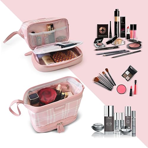 Miniatura 5 de Bolsa de maquillaje de cuero, bolsa de cosméticos de viaje, bolsa de maquillaje a cuadros rosa de gran capacidad con compartimentos, bolsas de aseo