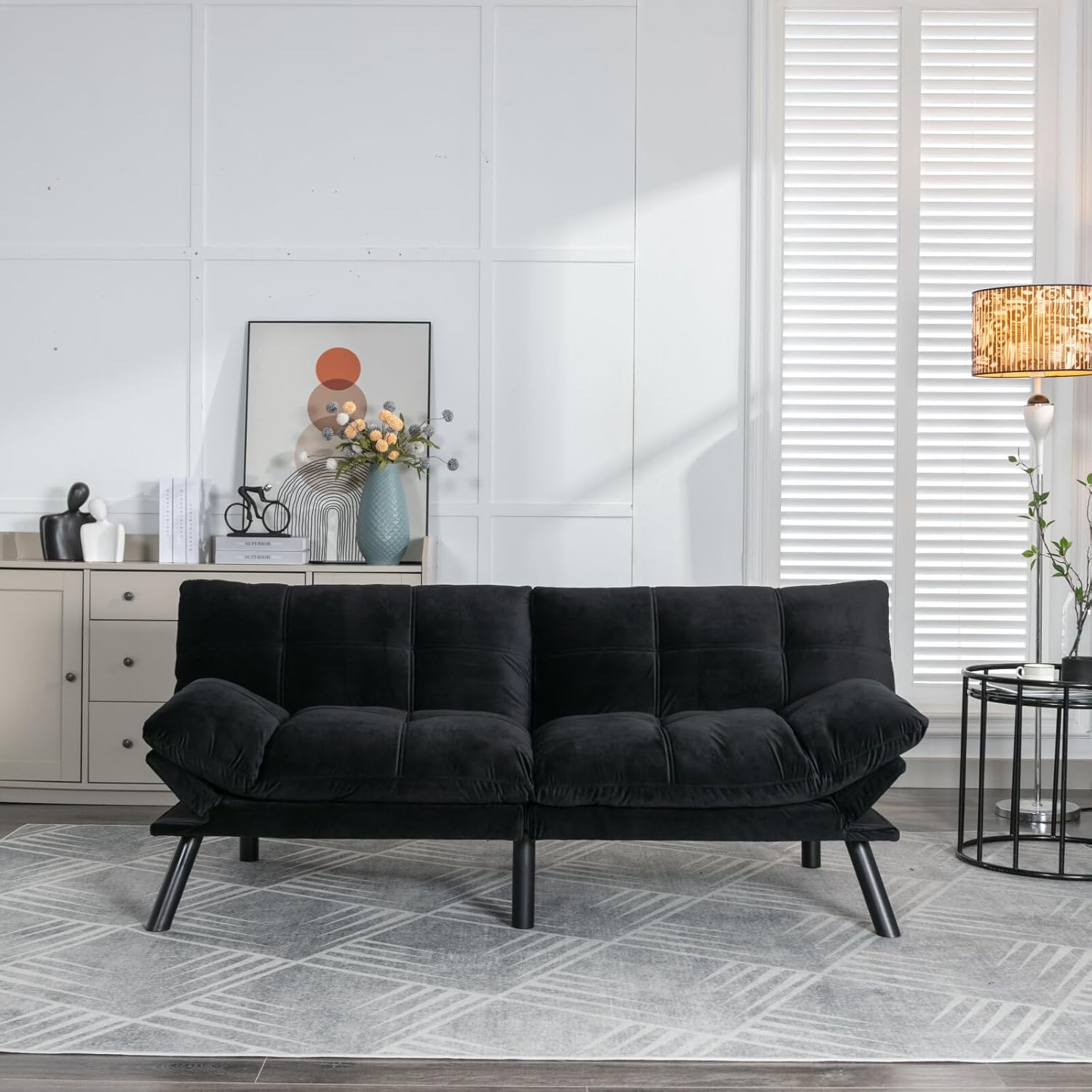 LLS 70.87" Velvet Futon Sofa Bed, Modern Convertible Sleeper Sofa Couch with Adjustable Backrest and Armrests, Tufted Loveseat Sofa with Metal Legs for Living Room, Bedroom, Apartment, Emerald