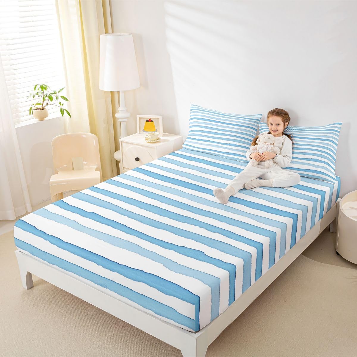 Erosebridal Watercolor Fitted Sheet Full Size Stripe Bed Sheets Horizontal Stripes Geometric Bedding Set for Kids Boys Girls Ink Pattern Blue Sheets