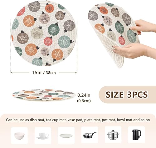 Miniatura 2 de 3 Pcs Trivet Pot Holder Colorful Christmas Balls Pattern for Hot Dishes 15in Cotton Thread Weave Kitchen Hot Pads for Cooking Pot Kitchen Aid
