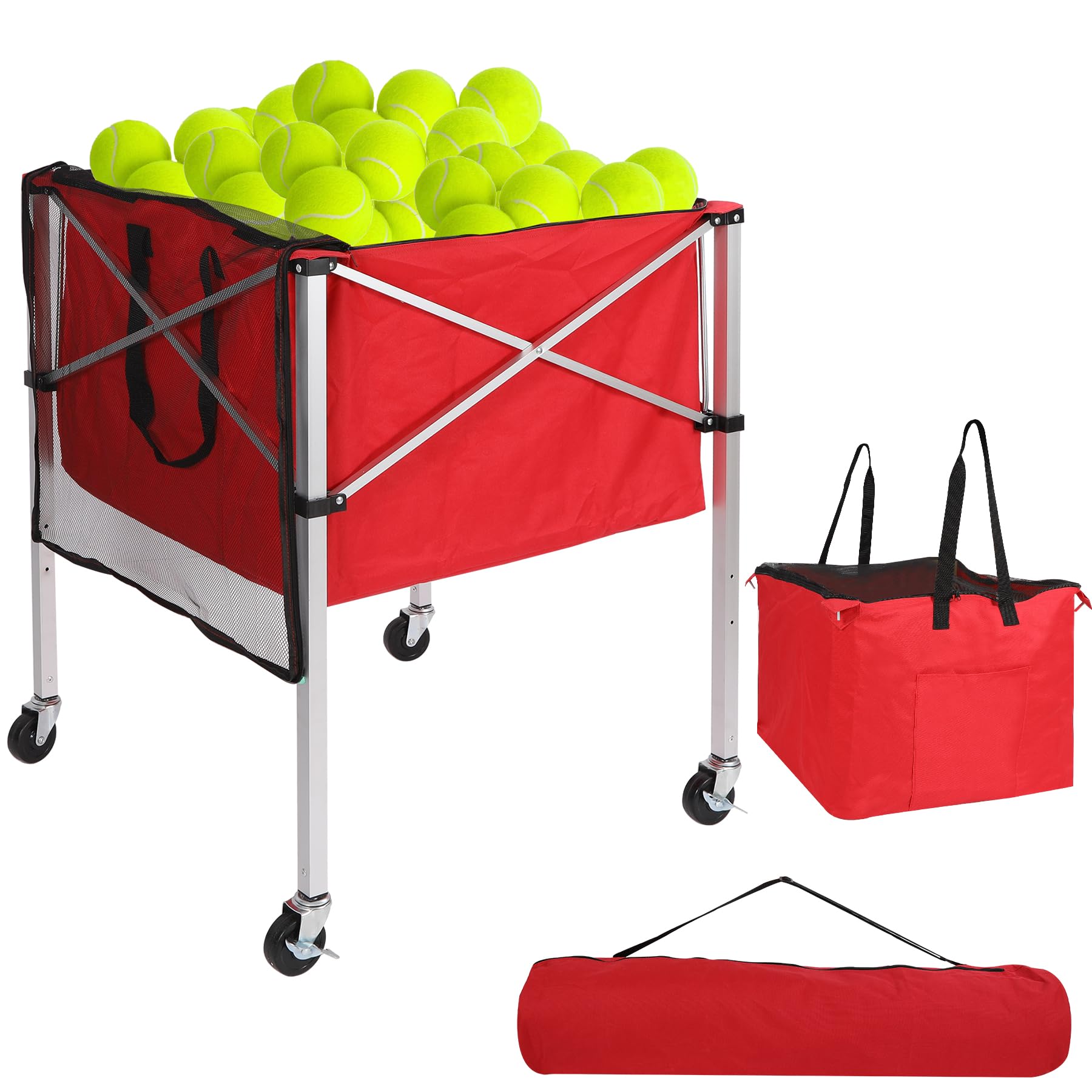 Lineslife Portable Tennis Balls Hopper Holds 200 Balls, Foldable Tennis Ball Basket Wheeled Teaching Carts, Lightweight Tennis Ball Carrier with Wheels, Premium Carry Bag Included, Red