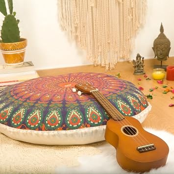 Mandala Life ART Yoga Decor Floor Cushion Cover - Round Medition Pillow Case - Hand Printed Organic Cotton Pouf