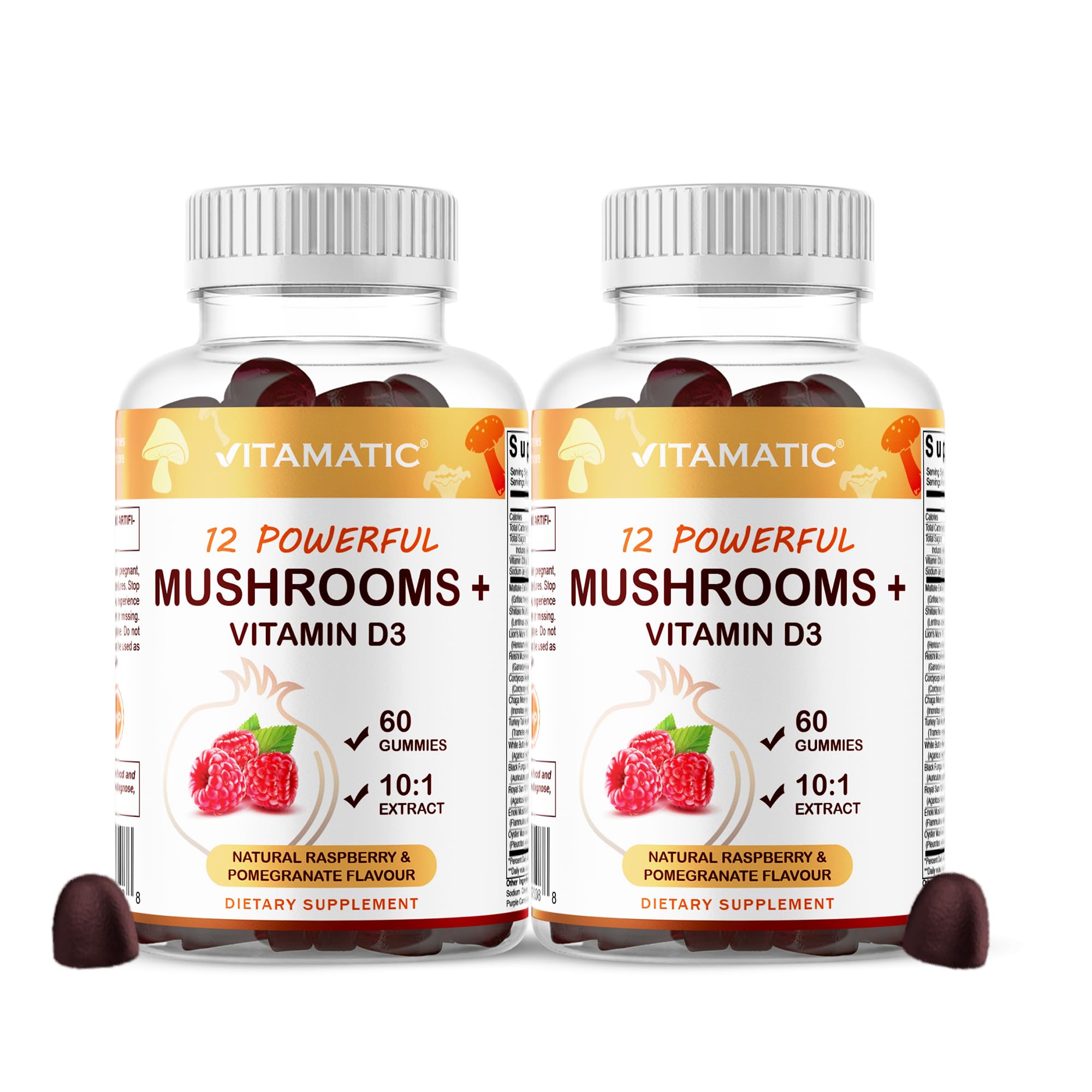 Vitamatic Mushroom Complex Gummies with D3 – Plant-Based Botanical Extract – Pectin-Based, Non-GMO – Herbal Supplement Gummies – 60 Count - 2 Pack (120 Count)