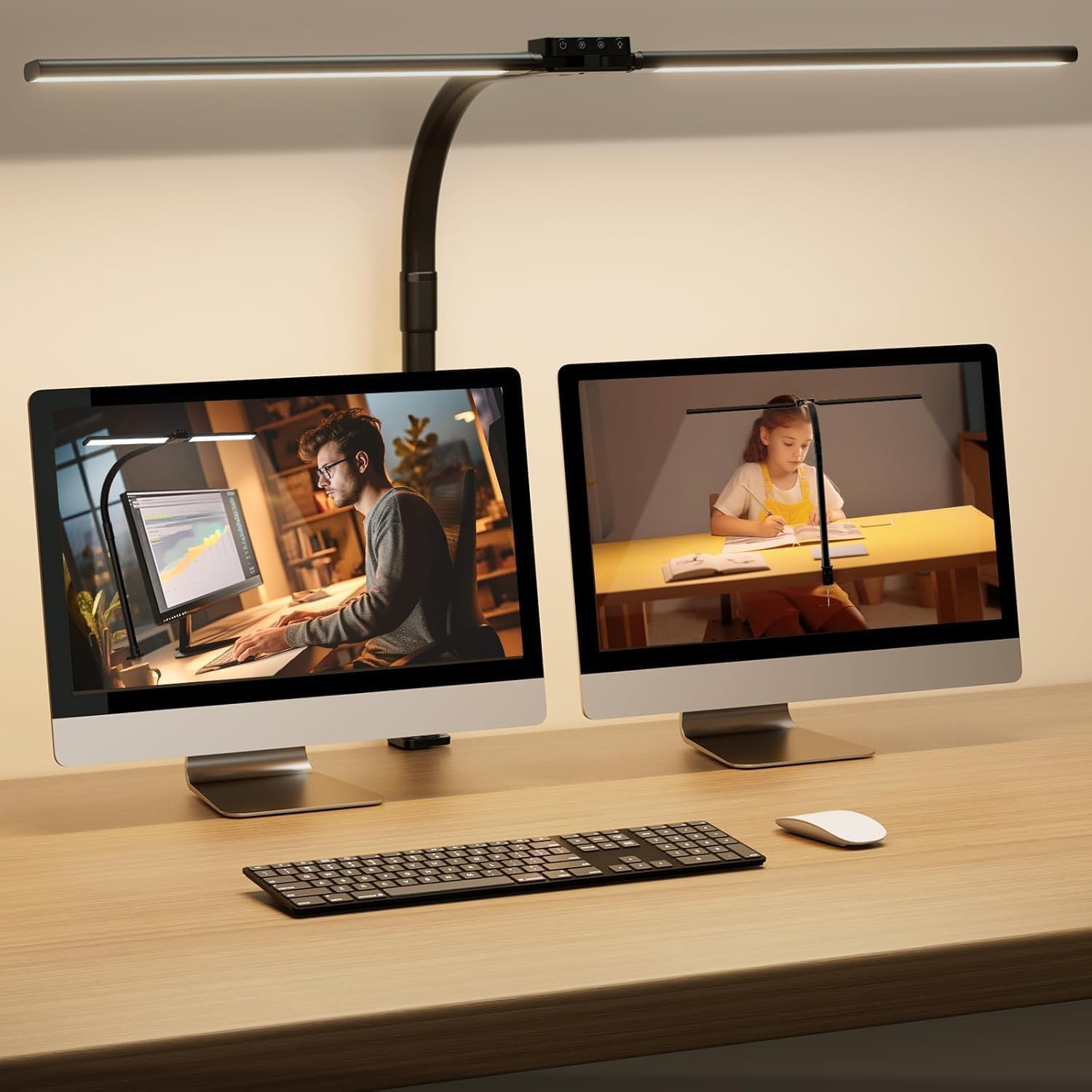 SIBRILLE Schreibtischlampe LED, Doppelkopf Schreibtischlampe Dimmbar, Klemmbar Desk Lamp für Büro, Augenschutz Monitor Lampe Tageslichtlampe, PC Lampe Tischlampe mit Schwanenhals, Schwarz