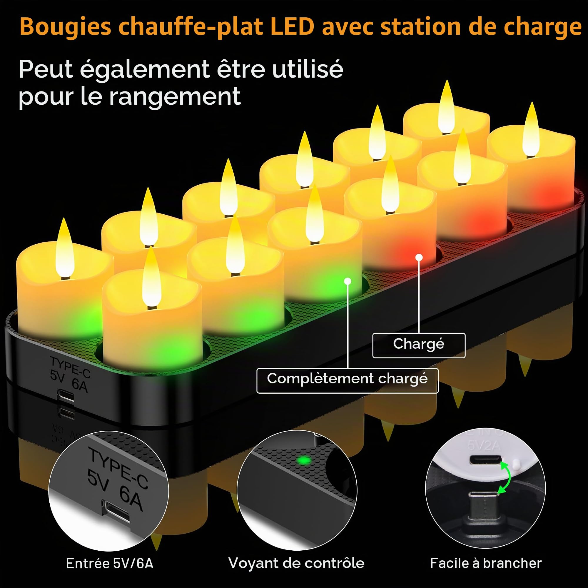 daphomeu 12 Bougie LED Rechargeable Avec Station de Charge, Bougie Chauffe Plat Sans Flamme Avec Minuterie et Télécommande, Fausses Bougies Pour Noël, Halloween, Mariage, Décoration d'Intérieur