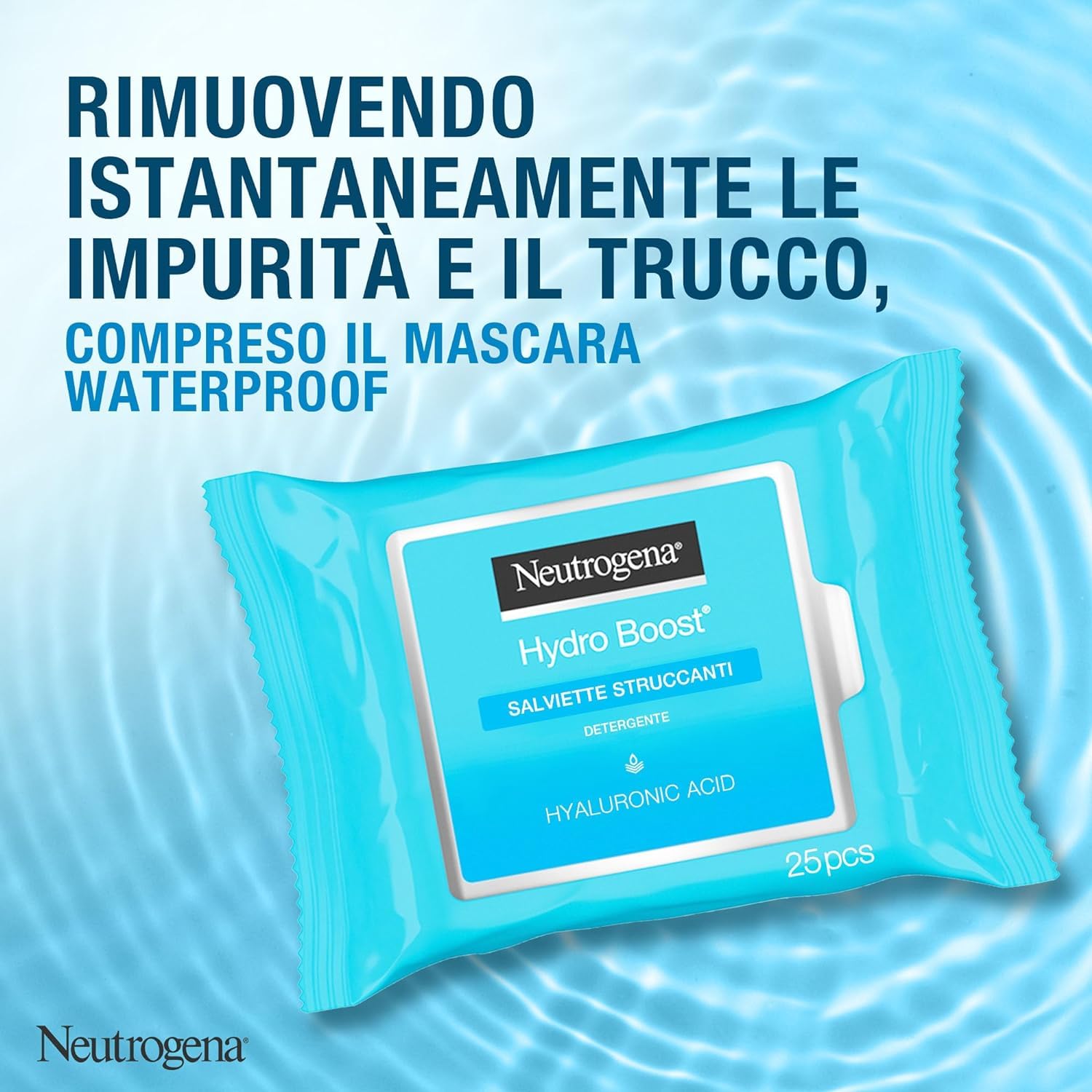 Neutrogena Hydro Boost Salviette Struccanti, Salviettine struccanti e idratanti arricchite con Acido Ialuronico, Struccante viso e occhi detergente per trucco waterproof, 1 confezione da 25 pezzi