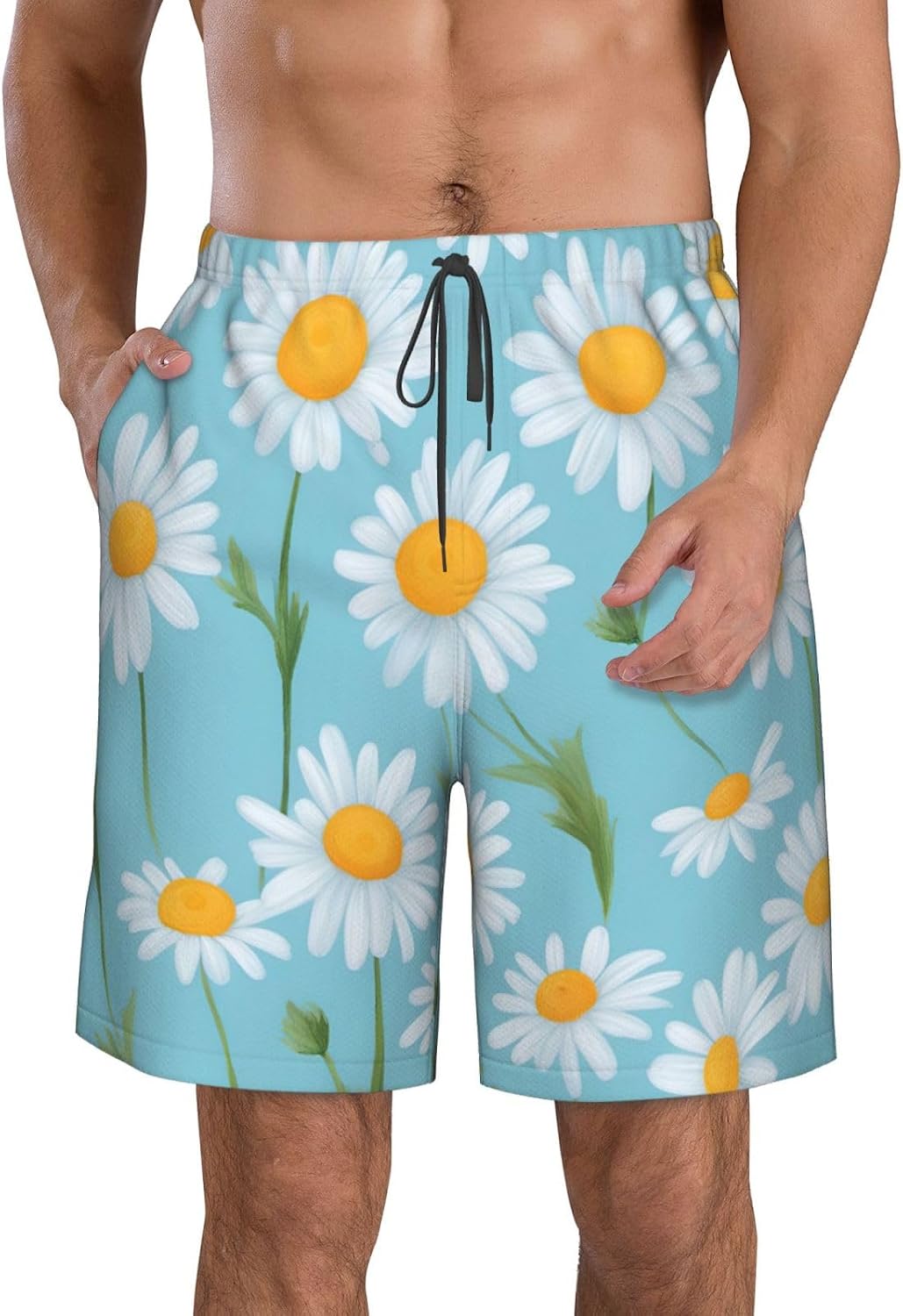 Mens White Daisy in Light Blue Background Print Beach Shorts,Casual Summer Shorts for Men,Quick Dry Polyester