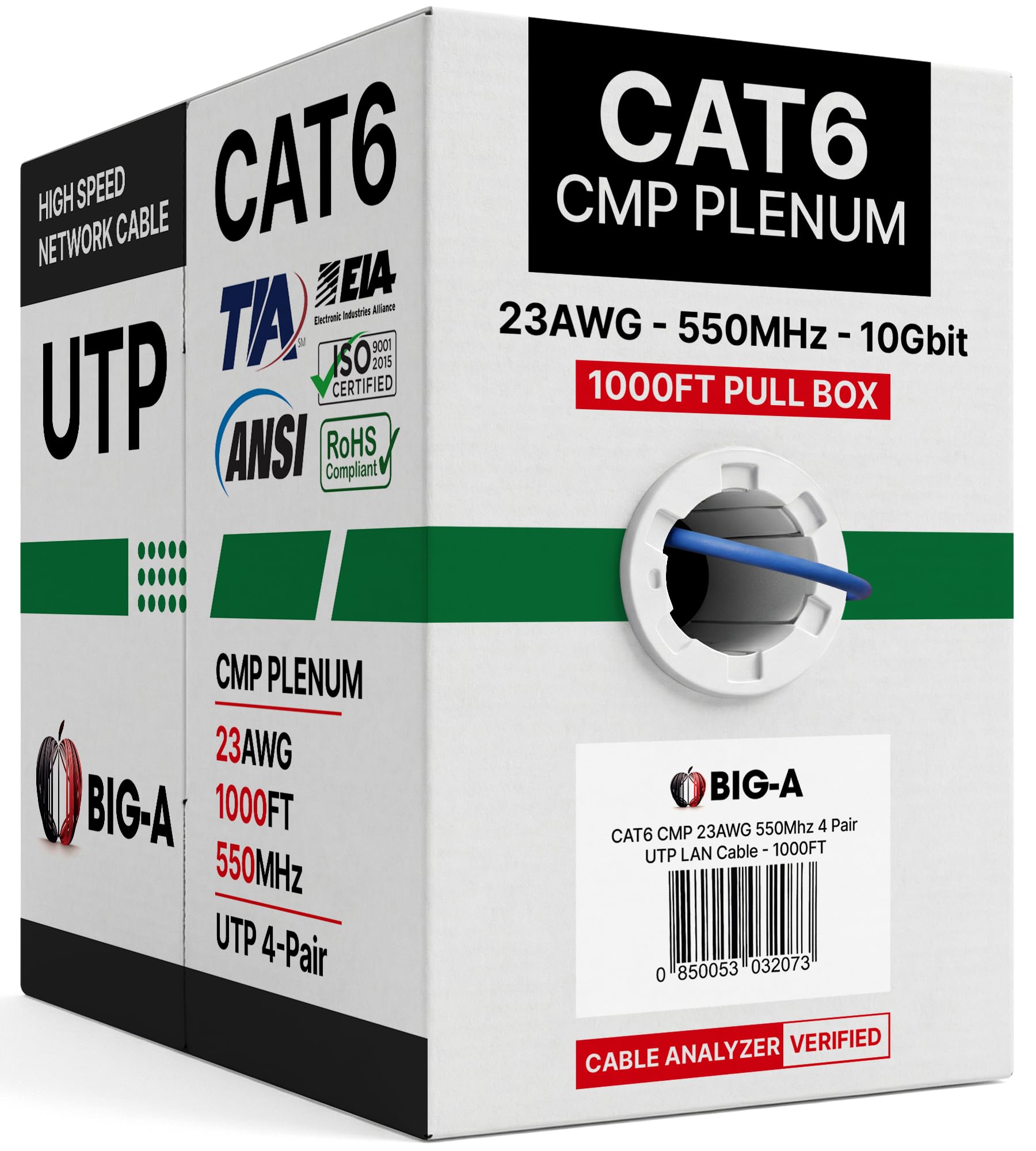 Big-A Plenum - Cavo Ethernet Cat 6, 305 m, Cat6 (CMP), 550 MHz, cavo Ethernet Bulk non schermato, UTP, 10 Gigabit, cavo di rete solido, colore: Blu