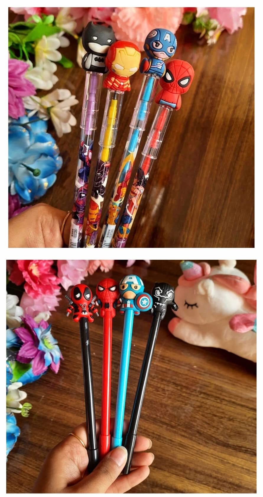 Le Delite Designer Bullet Non Sharpening Pencils @ gel pen (pack of 4 pencils & 4 pens) Avenger actionhero Superhero Design Colors Birthday Gift Return Gifts for Kids Cartoon Spiderman