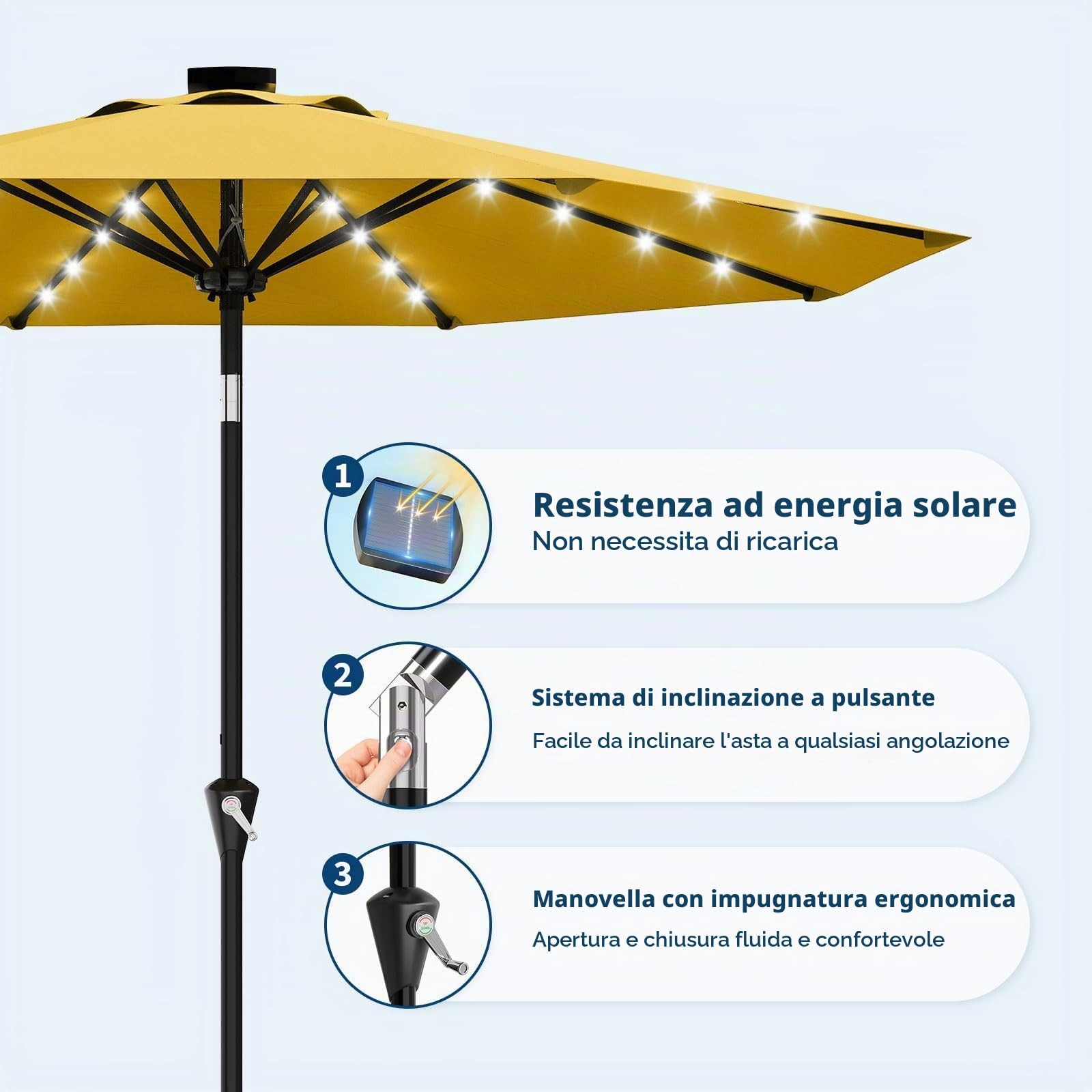 GarveeHome Ombrellone Da Giardino Solare 3 m Con 32 Luci LED, Protezione UV, Sollevamento a Manovella, Inclinazione Regolabile Con Pulsante, Per Terrazzo e Giardino