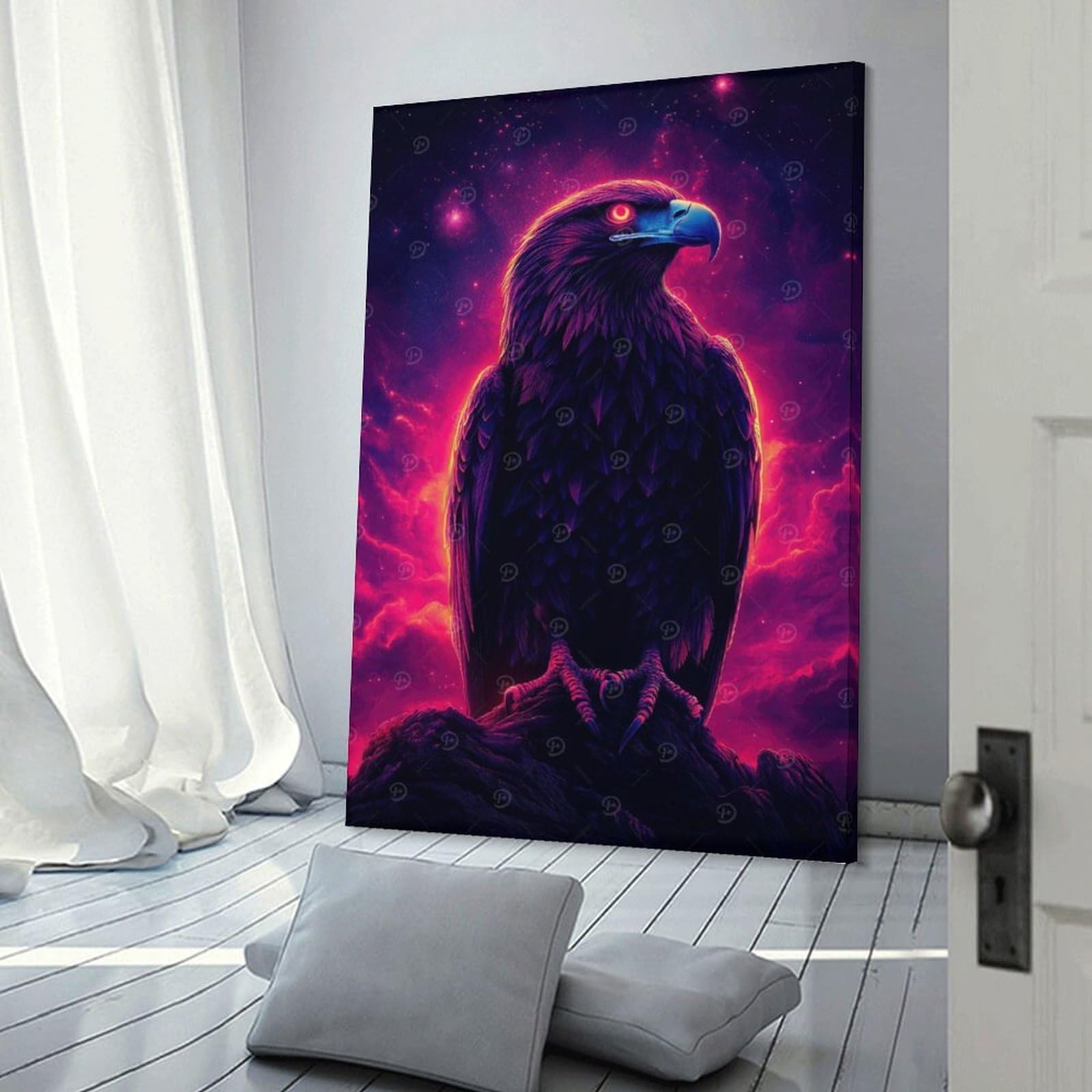 Junmoney Cyberpunk Eagle with Glowing Red Eyes Canvas Wall Picture, 16x24inch(40x60cm), for Wall Displays, Bedrooms Or Room Updates, Wall Decor Suited to Curated Displays