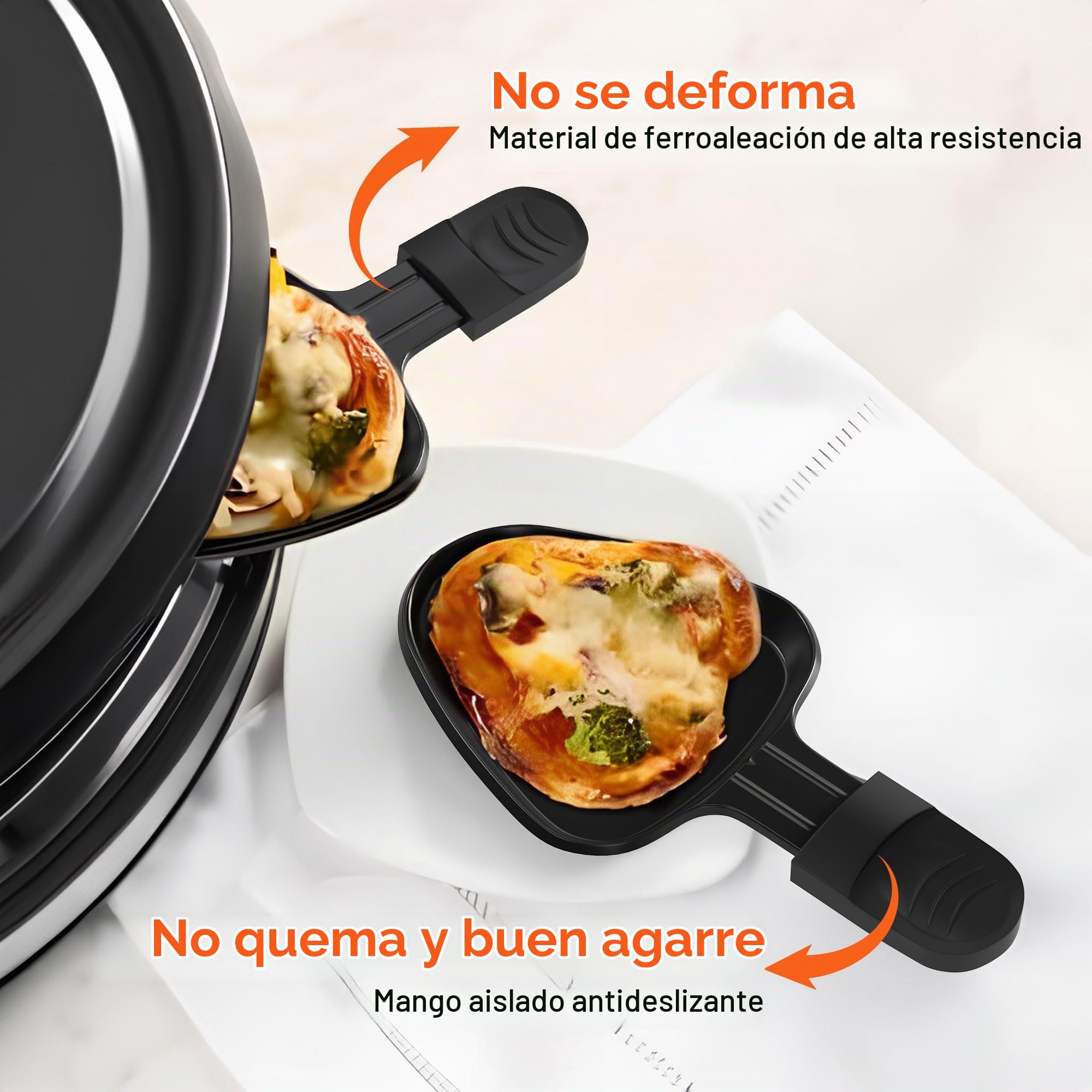 Yoassi 8 Piezas Mini Sartenes de Raclette, Sartenes con Revestimiento Antiadherente Triangular para Raclette - Accesorios de Raclette Grill Con 4 Paletas de Nylon y Mangos Aislantes de Negro