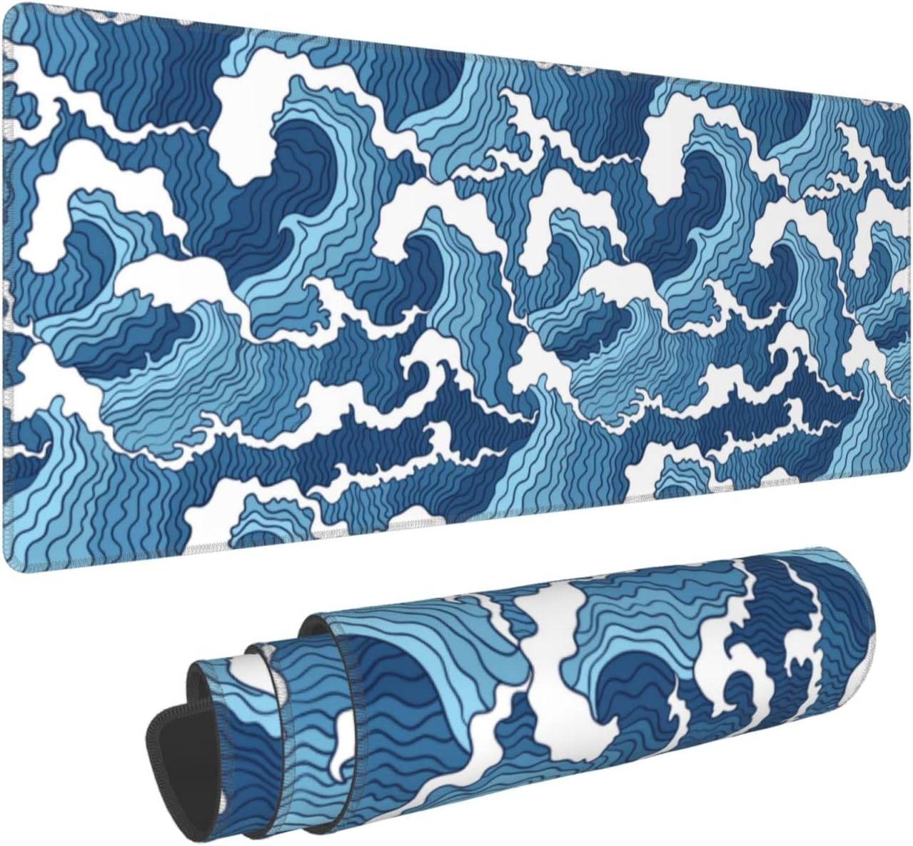 Siski Japanese Blue and White Wave Extended Mouse Pad 31.5x11.8 Inch Wave Desk Mousepad Extended Large Non-Slip Rubber Base Waterproof Big Keyboard Mat with Stitched Edges for Gaming and Office