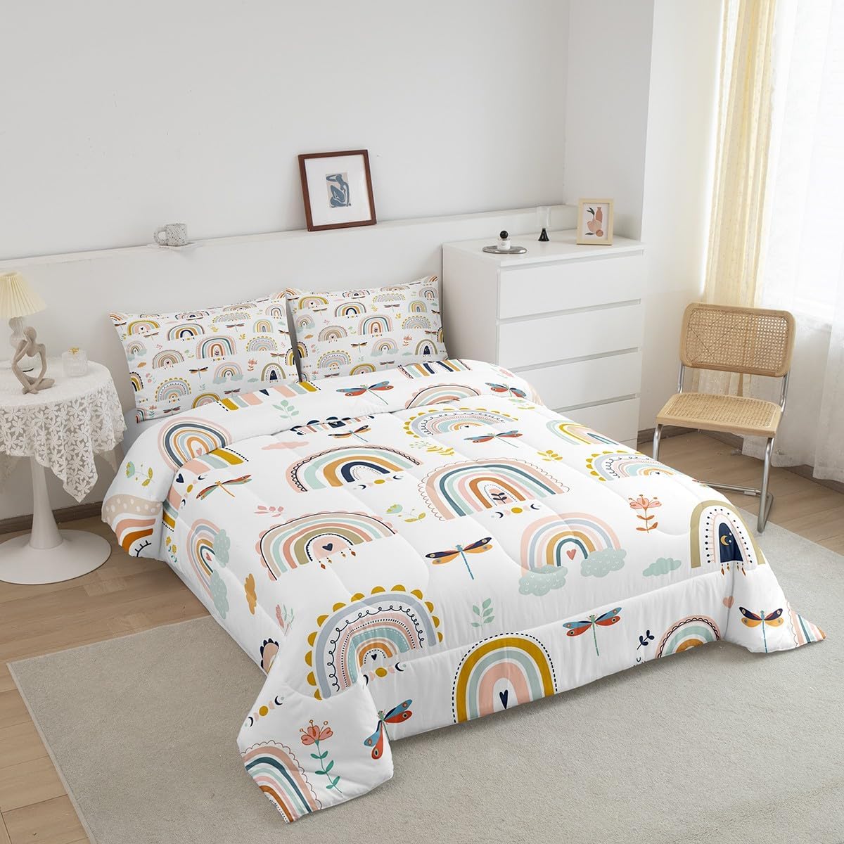 Feelyou Rainbow Comforter Set Twin Size with 1 Pillow Case Colorful Stripes Comforter Light Color Rainbow Bedding Set Dragonfly Quilted Duvet Set for Kids Adults