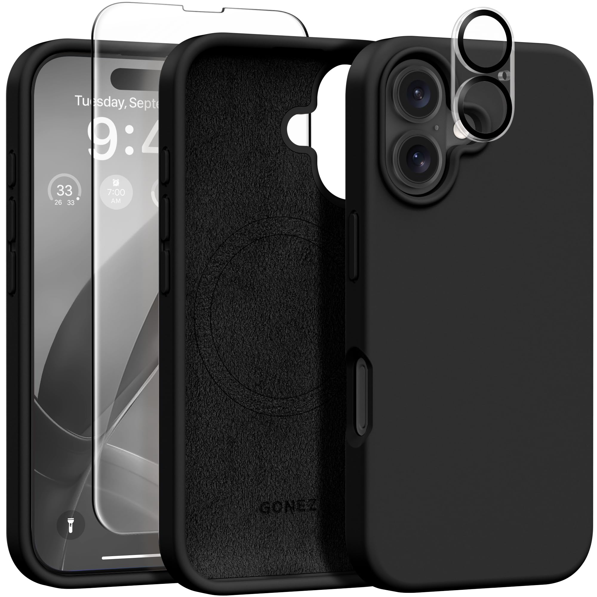 GONEZ Magnetic for iPhone 16 Case, Compatible with MagSafe, [Screen Protector + Camera Lens Protector], Silicone Shockproof Anti-Scratch Protective Phone Case 6.1 inch, Black