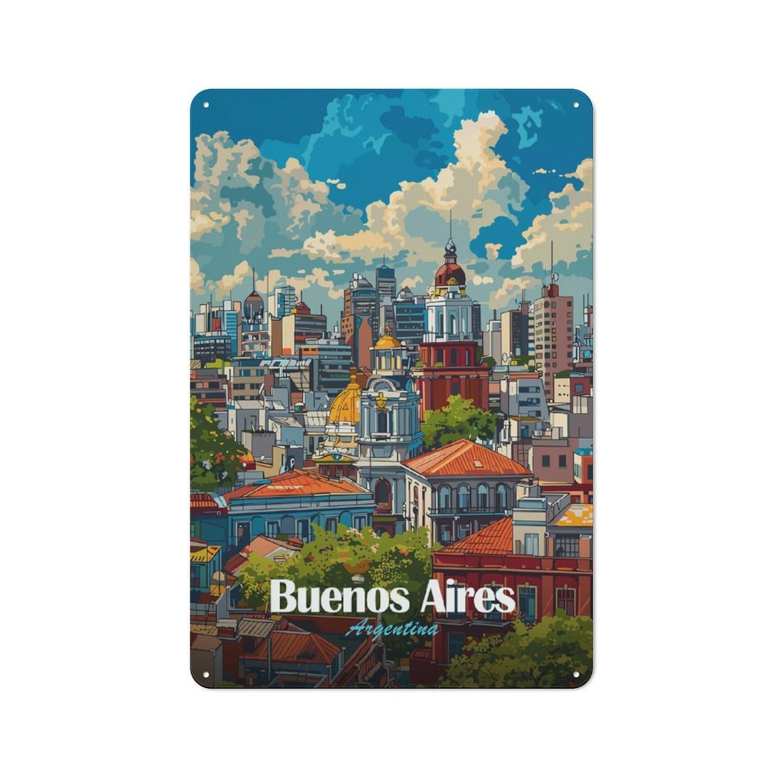 Junmoney Style-13 Buenos Aires Cityscape(2) Decorative Metal Plaque 30X20cm, Shop Front Style Bistro Wall Plaque For Tea Room, Shop Wall Or Breakfast Area