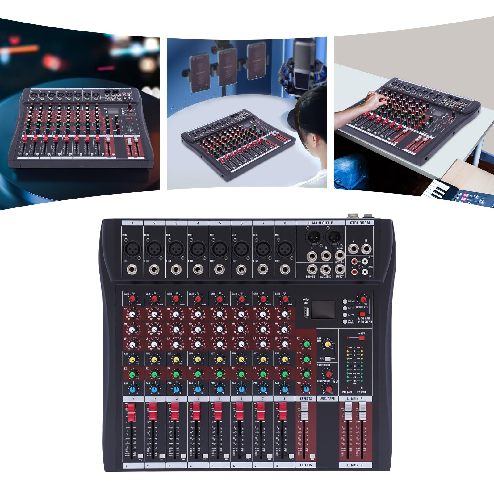 Mesa de mezclas, mezclador de audio, mezclador profesional, consola de soundboard, sistema de mesa de 8 canales, interfaz digital, negro para KTV, idioma del campus, conferencias, bares