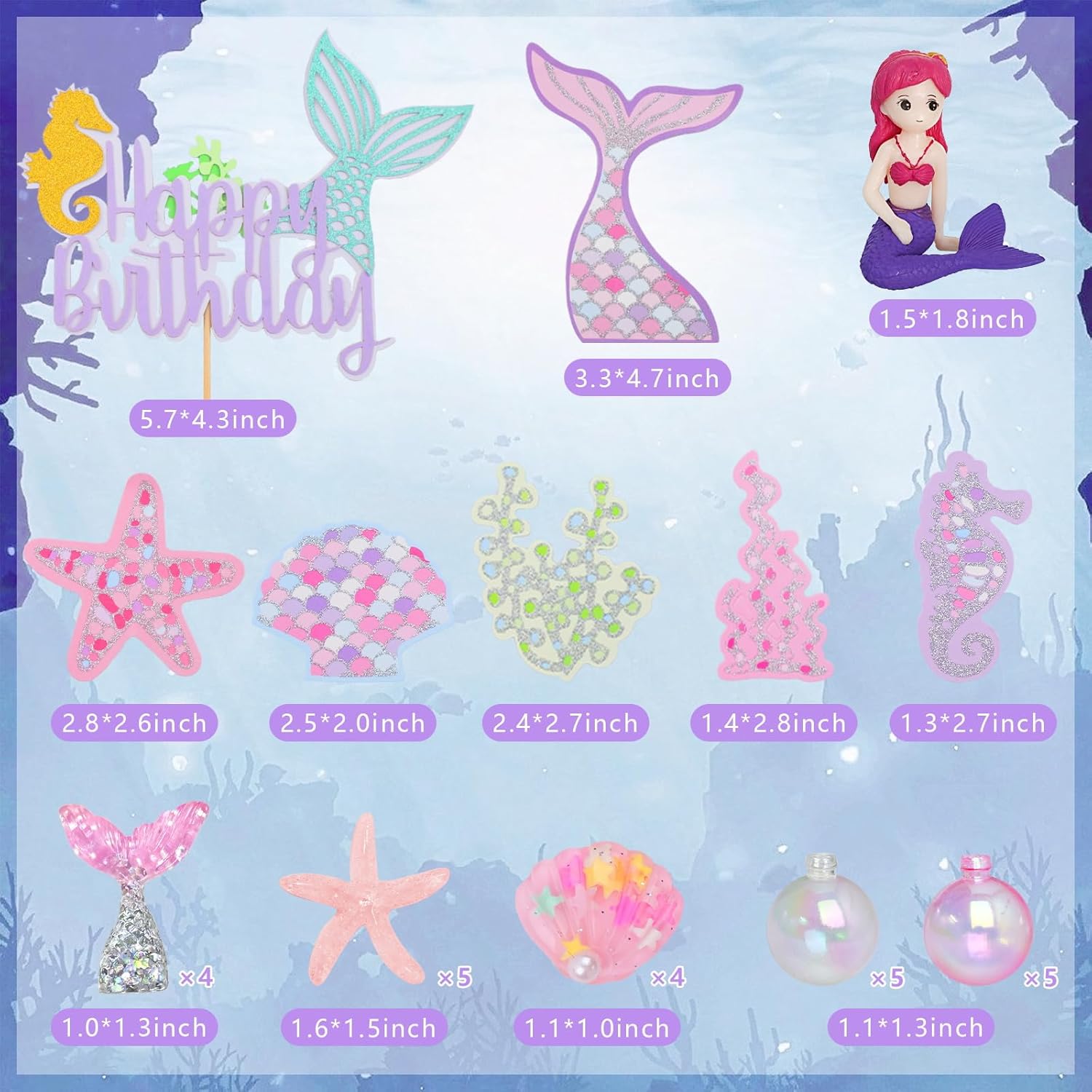 Mermaid Cake Toppers for Girl 30pcs Little Mermaid Figurine Under The Sea Ocean Cake Decor Seaweed Bubble Starfish Shell Mermaids Tail Cupcake Picks for Mermaids Princess Birthday Baby Shower - Image 2
