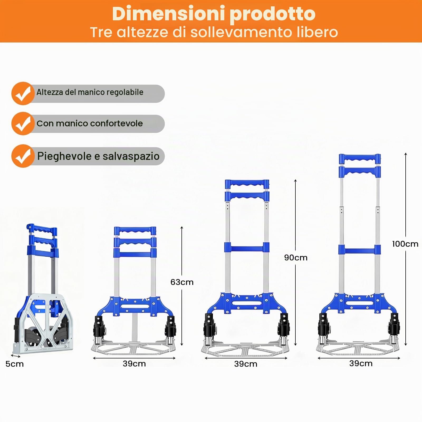 MAXBROTHERS Carrello di Trasporto Pieghevole in Alluminio, con Manico Telescopico 100cm, Ampio Vassoio Antiscivolo, Portata 165lb, 2 Ruote in TPR. Include 1 Cavo Retrattile
