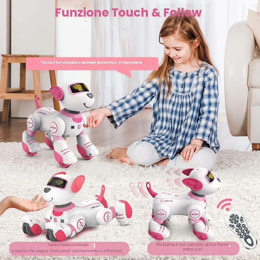 VATOS Cane Robot Telecomandato per Bambini - Cane Robot Interattivo Touch & Follow 17 Funzioni, Programmabile Intelligente da Passeggio Danzante RC Robot Giocattoli per Ragazze 3-12 Regali
