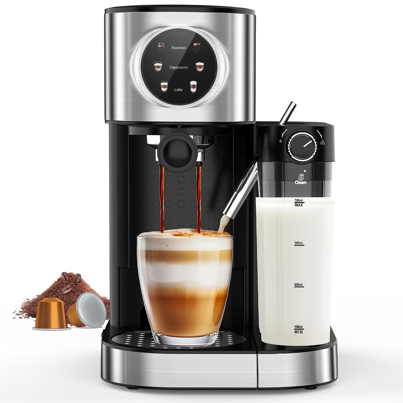 COWSAR Espresso Machine 20 Bar Commercial Cappuccino Latte Machine with Automatic Milk Frother for Ground Coffee Capsules Dual