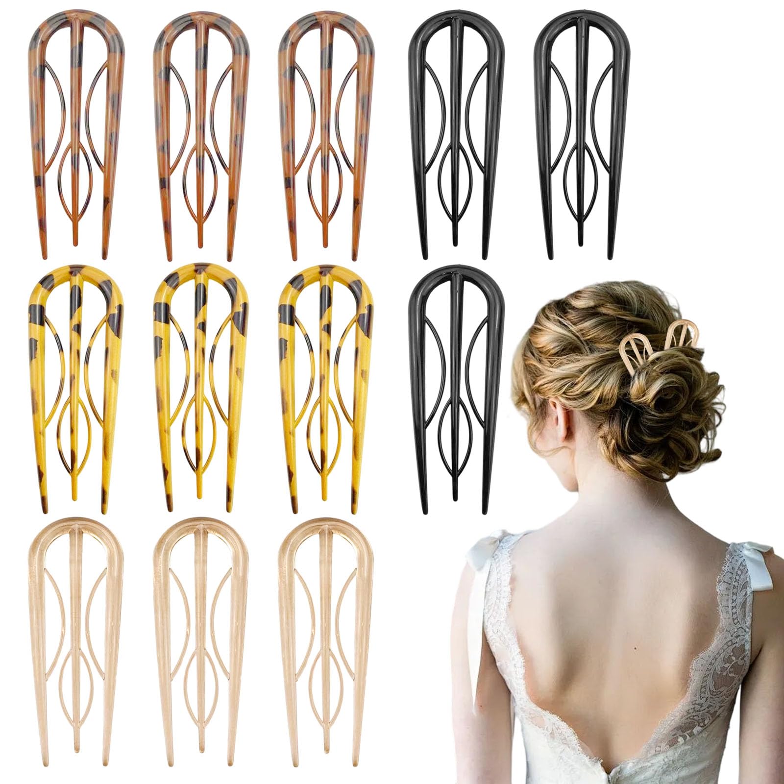 12PCS French Hair Pins for Women Prestige U-Shaped Hairpins Acetate Twist Clips Elegant French Hair Pin Sticks Fork Strong Hold No Slip Hair Accessories for Women Girls Thin Thick Hairstyle