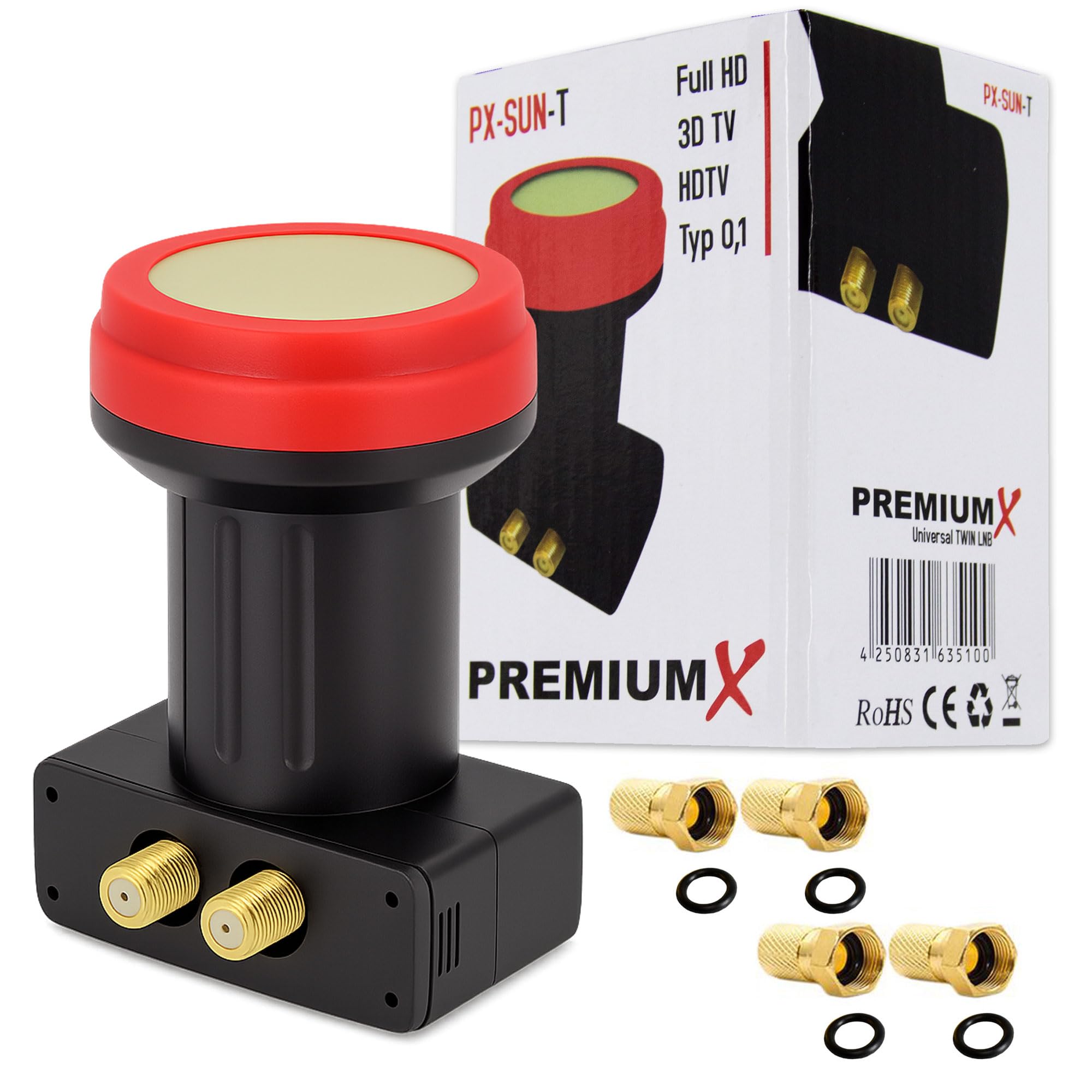 Premium X Twin LNB - 2 voies - Extrêmement résistant à la chaleur - Pour 2 participants - 4K Full HD - Avec protection contre les intempéries pour récepteur satellite numérique - Noir - Avec 4 fiches