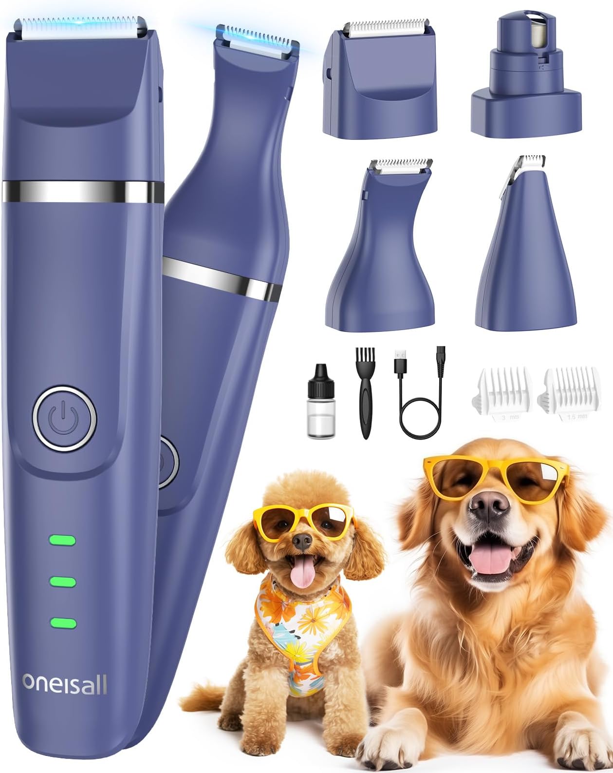 oneisall Small Dog Clippers, Quiet Cordless Dog Paw Trimmer & Nail Grinder, Dog Grooming Kit for Small Dogs with Guards, 2 Speed Dog Trimmers for Small Dogs(Blue)