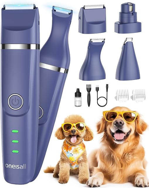 Oneisall 4-in-1 Cordless Dog Grooming Kit avec 2-Speed Pantoufles, trempage de la patte à faible bruit & Grindeur à ongles silencieux rechargeable pour chiens et chats (bleu)