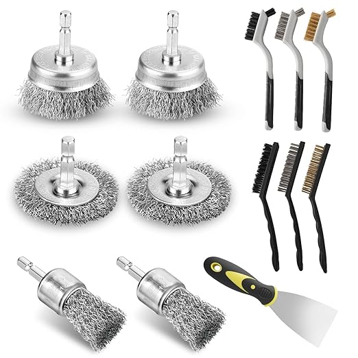 13 Pack Carbon Steel Wire Wheel Brush Set, Wire Brush for Drill, Nylon/Brass/Stainless Steel Bristles Cleaning Supplies Tools Brush for Cleaning Rust, Dirt, Paint Scrubbing, Kitchen, Home