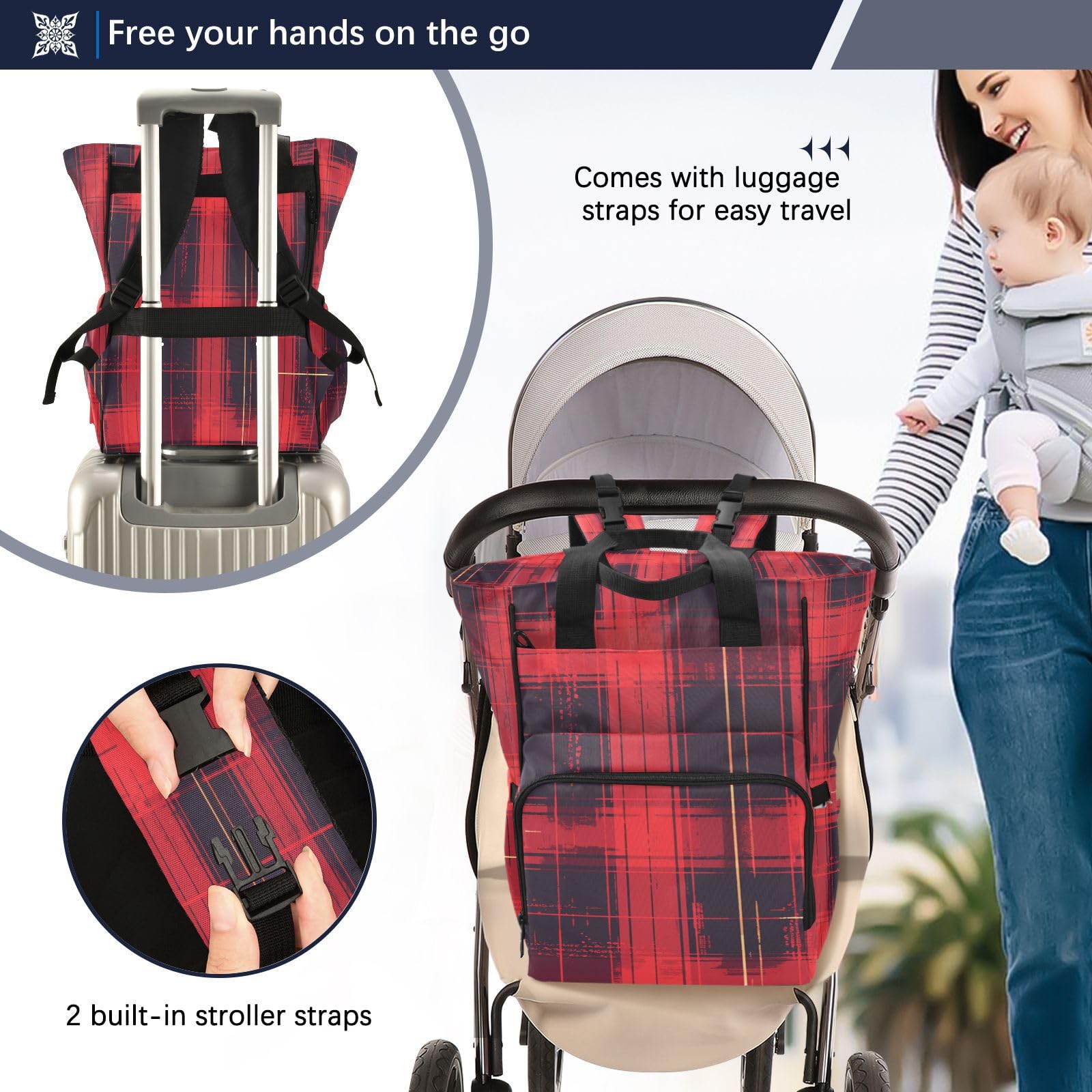 Rojo Negro Plaid Vintage Bolsa de Pañales Mochila de Viaje Gran Capacidad Bolsas para Mamá Papá Mujeres Niñas