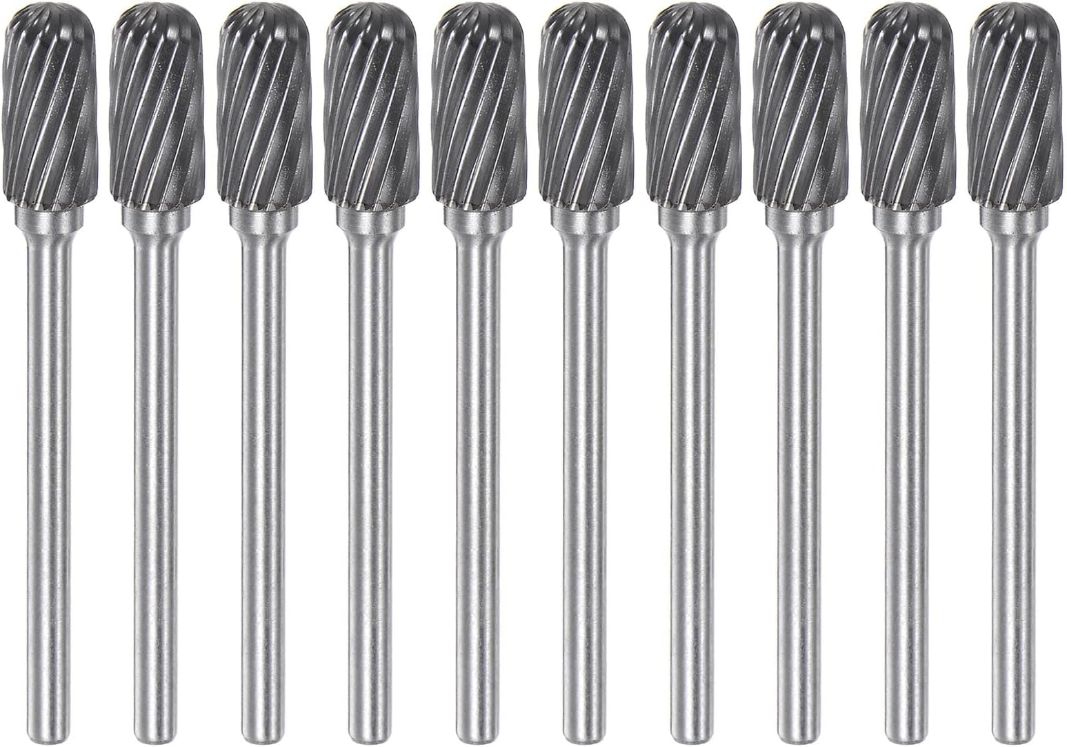 10pcs Carbide Rotary Burrs 1/8" (3mm) Shank 1/4" (6mm) Head Single Cut Cylindrical Ball Nose C Shape Die Grinder Bits Rasp Files for Hard Metal Wood Stone Polishing Engraving