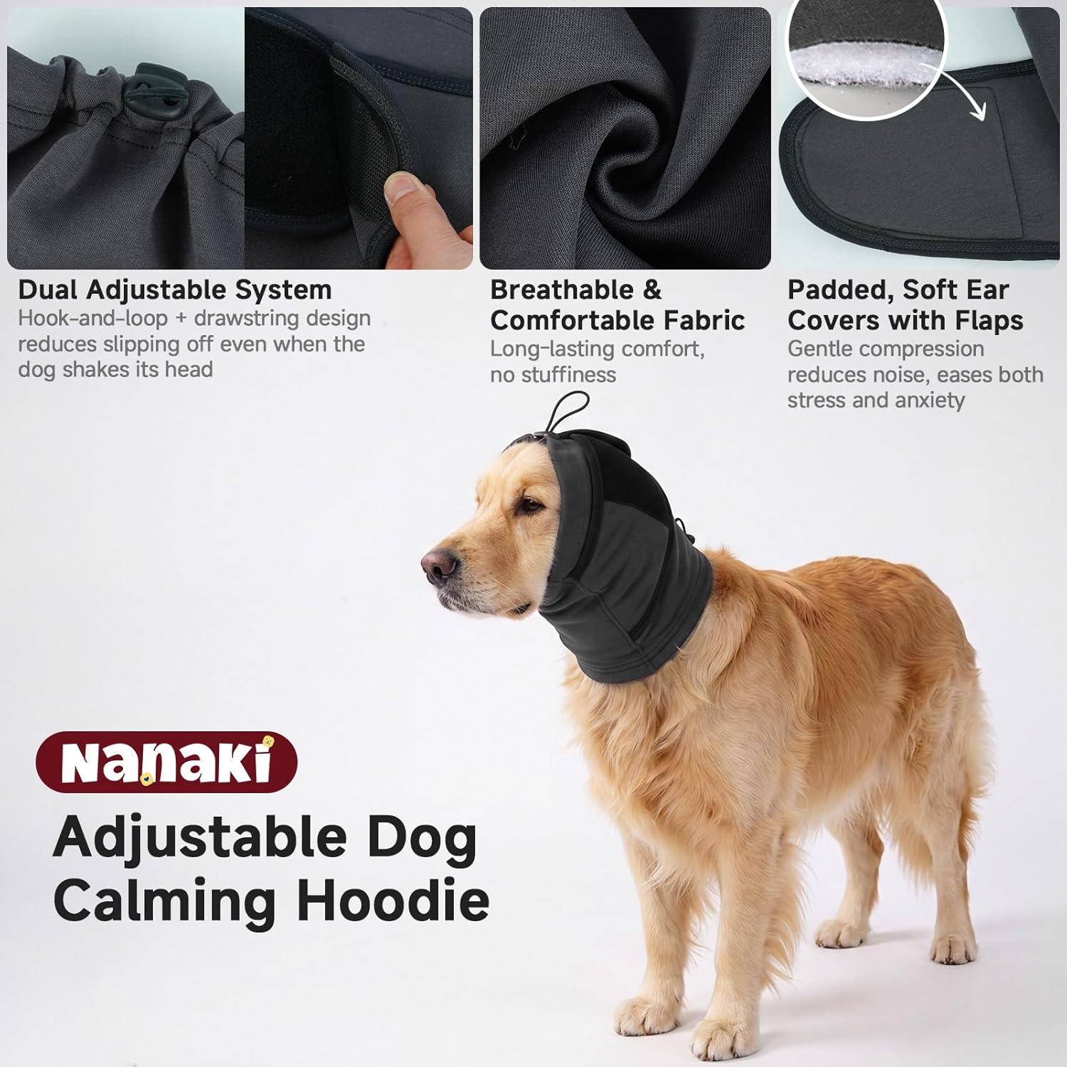 Nanaki Dog Calming Hoodie & Ear Cover,Large July 4th Head Wrap with Ear Pads - No-Shake Hematoma Protection,Noise Cancelling for Fireworks,Grooming,Blow Dryer & Bath,Ear Warmers