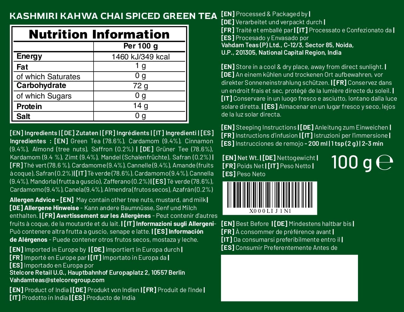 Té Kashmiri Kahwa Premium con Azafrán, Almendras, Cardamomo y Canela, 100g