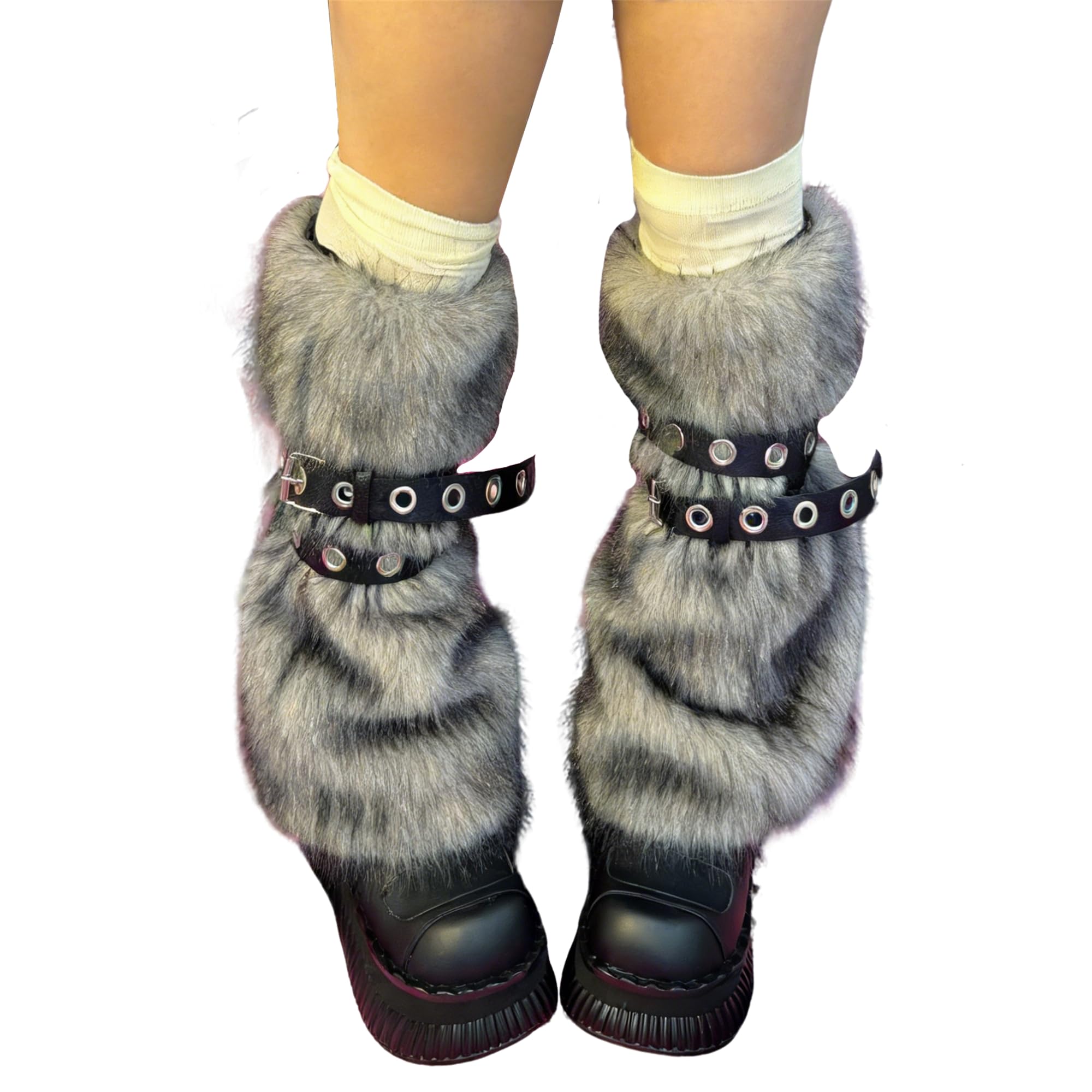 Mylleure Y2k Furry Leg Warmers for Women Fuzzy Faux Fur Leg Sleeves with Metal Ring Leather Straps Boot