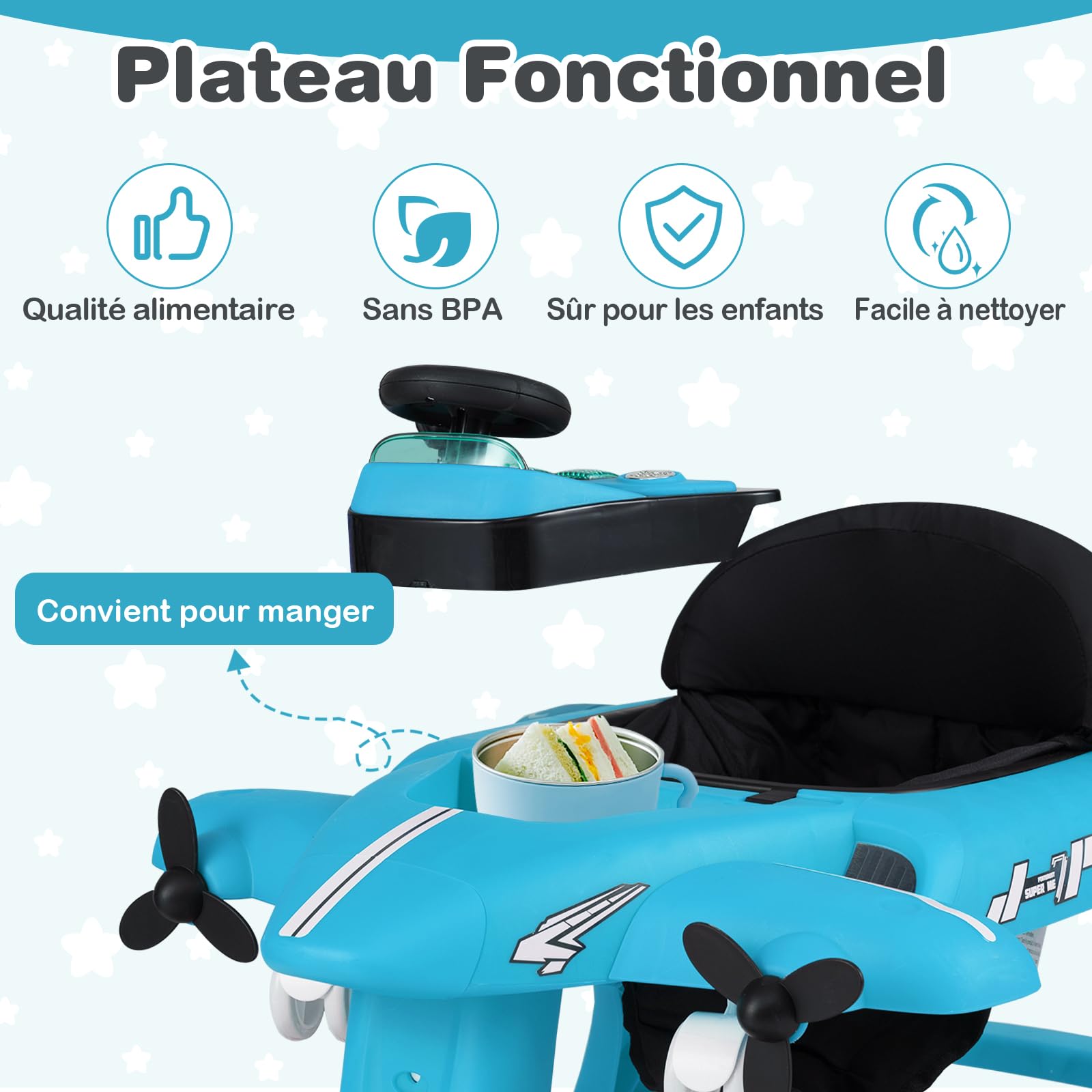 GOPLUS 6 en 1 Trotteur Bébé Garçon Fille, Trotteur Marche Bebe Pliable avec 3 Hauteurs Réglables, Roue Silencieuse, Musique, Lumières, Coussin Doux, Charge 12KG pour 6-18 Mois