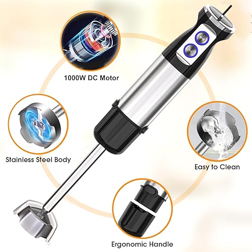 Miniatura 2 de Licuadora de inmersión, licuadora de mano 5 en 1 de 1000 W, 12 velocidades y licuadora de mano de acero inoxidable Turbo con batidor, vaso de