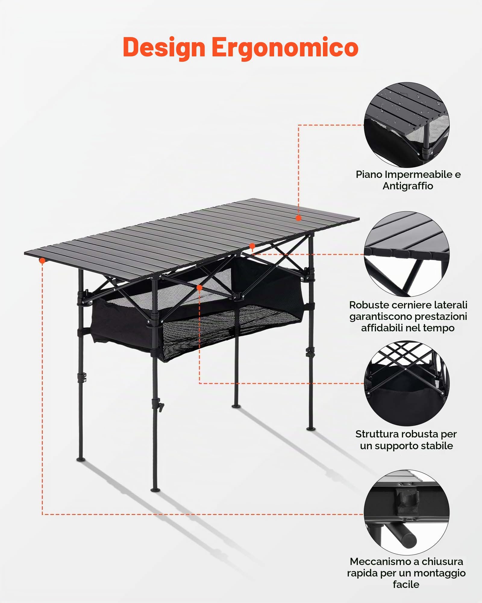 VEVOR Tavolo da Campeggio Pieghevole, Tavolo da Spiaggia in Alluminio Leggero con Altezza Regolabile, Ampia Borsa Portaoggetti e Borsa per Trasporto, per Barbecue all'Aperto, Picnic, Viaggi, Nero