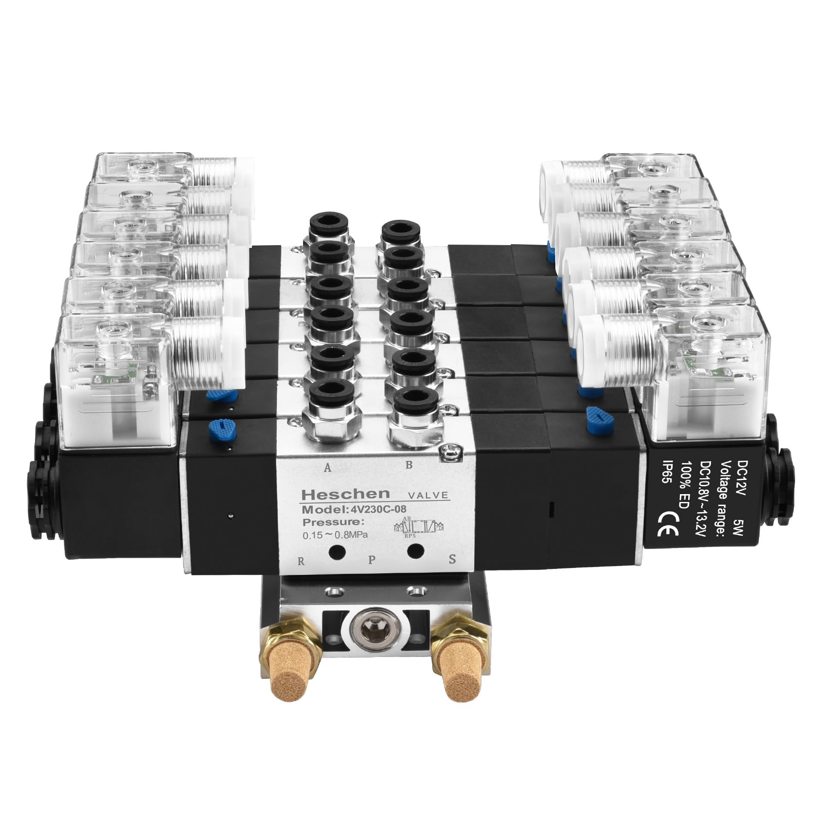 Heschen Válvula solenoide neumática eléctrica 6, 4V230C-08, 12VDC, PT1/4, 5 vías 3 posición, base del colector, silenciador, conjunto de accesorios rápidos, CE