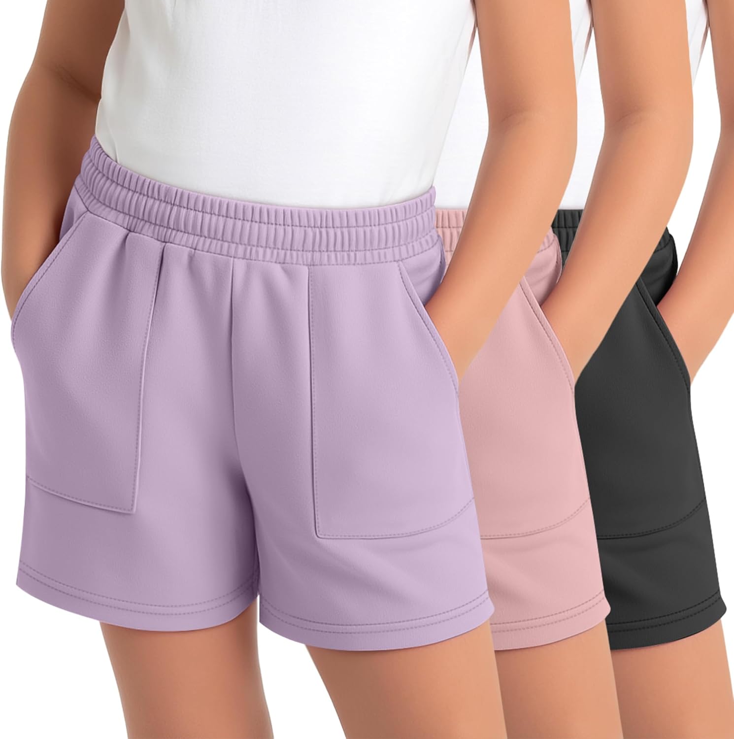 3 Pack Girls Shorts Kids Athletic Elastic Waist SweatShorts with Pockets Lightweight Loose Fit Shorts 5-14 Years