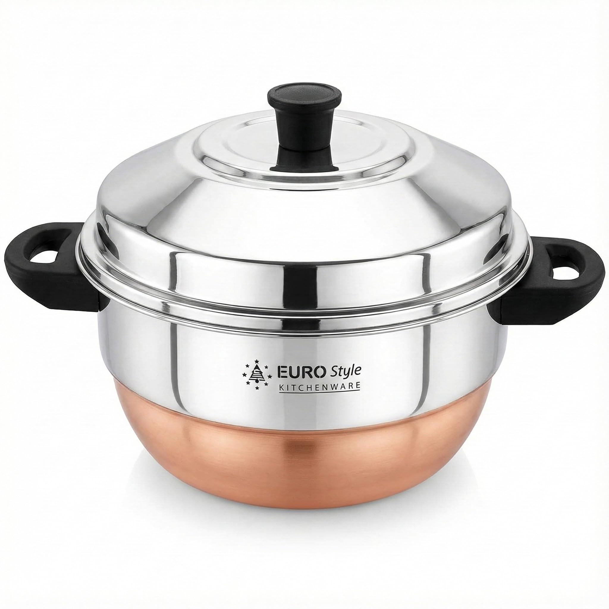 Eurostyle Stainless Steel Compact Idli Steamer with Lid, Steamer Section & Bottom Multi-Tier Steaming Cookware for Idli, Dhokla, Modak & More (Copper Bottom, 12 Idlis)