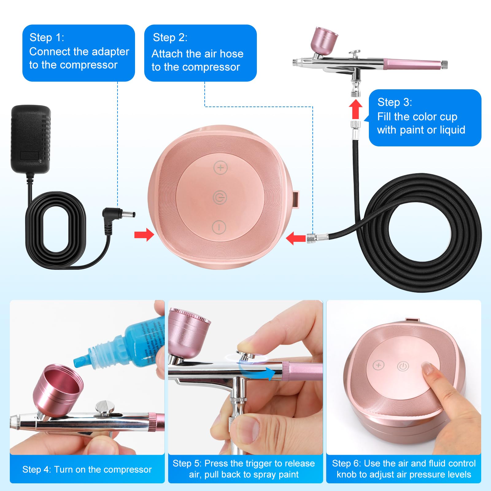 Kit de Aerógrafo Profesional con Compresor, Presión Ajustable 28/38/48 PSI, Boquillas 0.2/0.3/0.5 mm, Ideal para Uñas, Maquillaje, Pasteles, Tatuajes, Modelismo y Arte DIY (Rosa)
