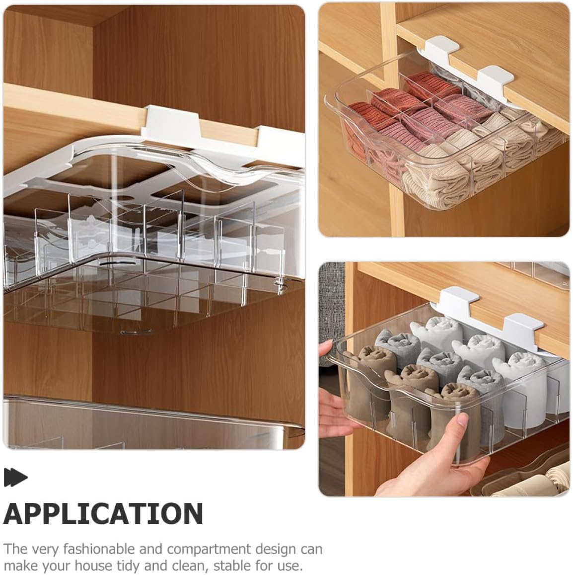 Wardrobe Drawer Sock Organizer with 15 Compartments, Adhesive under Shelf Storage Box for Underwear and Socks, Dustproof Clothing Organizer for Bedroom Closet