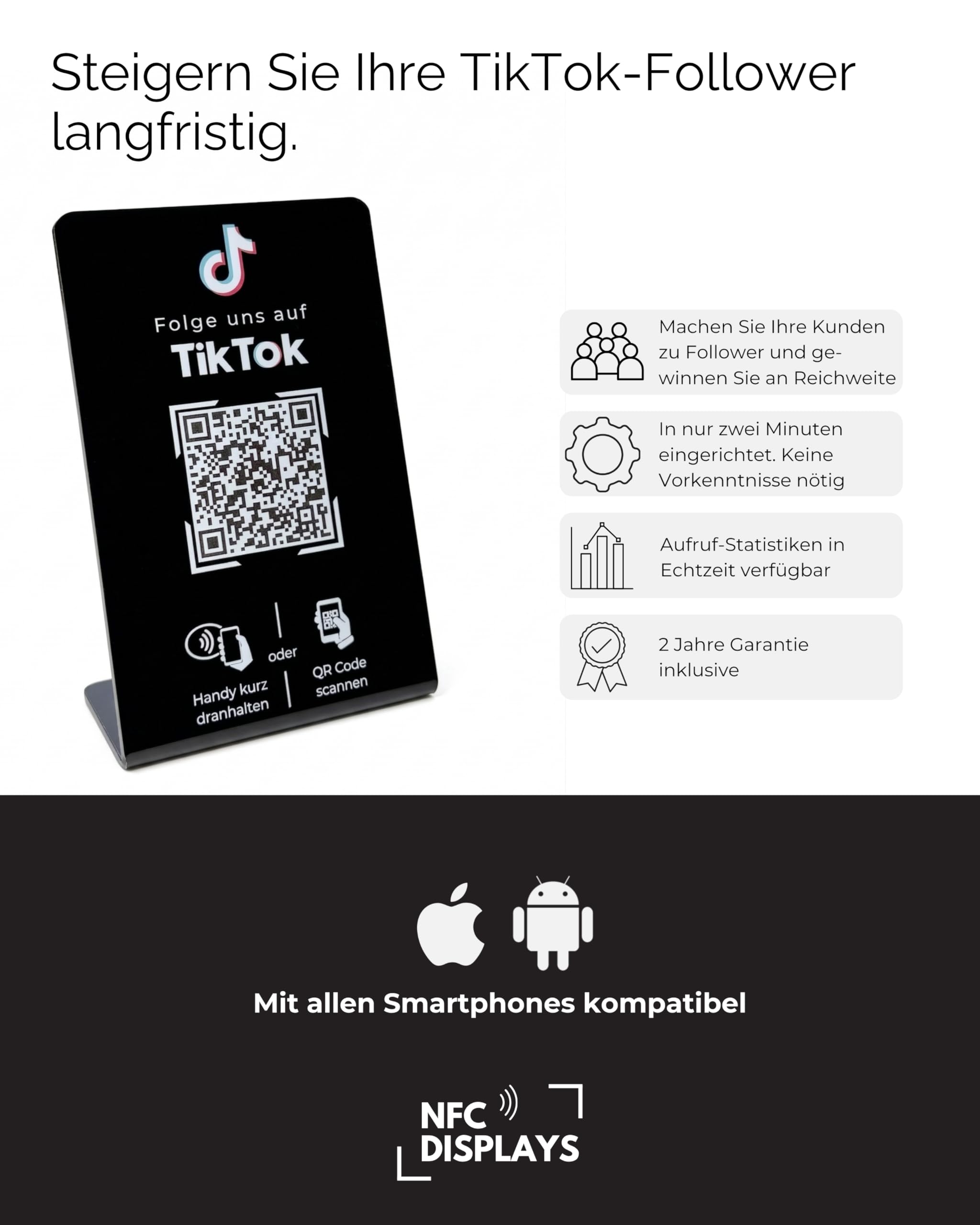 Aufsteller/Schild für TikTok Follower mit QR-Code und NFC (16,5 x 10,5 cm) - Deutsch