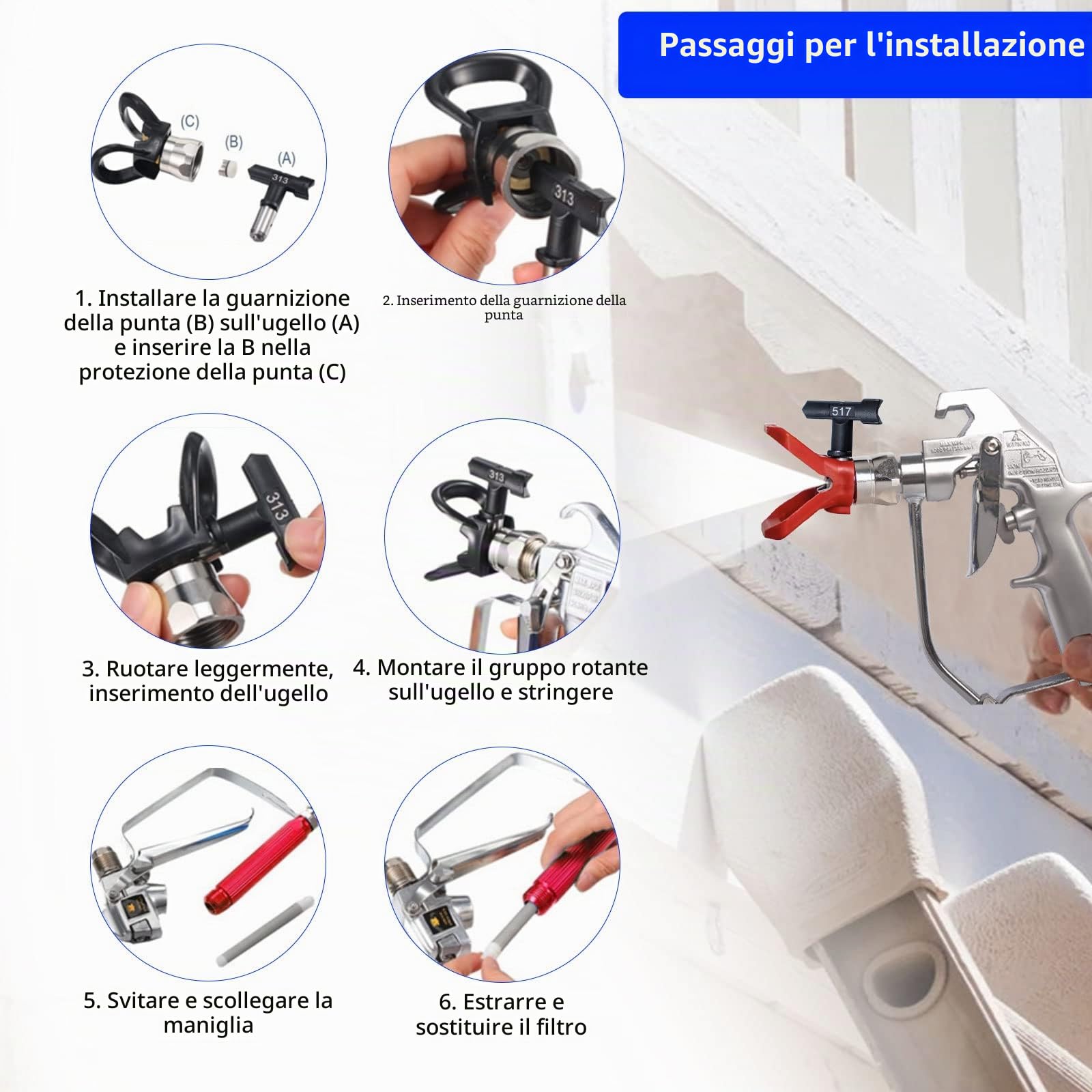 Set di ugelli per spruzzatore di vernice airless reversibili, 16 pezzi, 211, 313, 415, 517, 623 punte, spruzzatore di vernice airless ugelli punte guardia spruzzatura parti della macchina