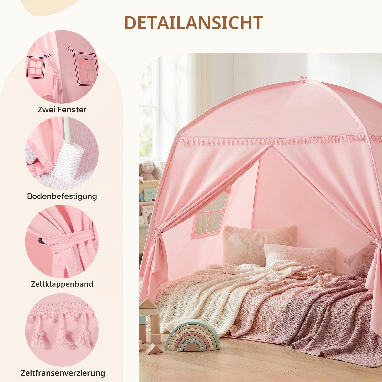 Spielzelt Kinderzelt Spielhaus Magisches Großes Burg Kinder für Drinnen und Draußen, Einfacher Aufbau in 2 Minuten, Geräumiges für Jungen und Mädchen, (Rosa)