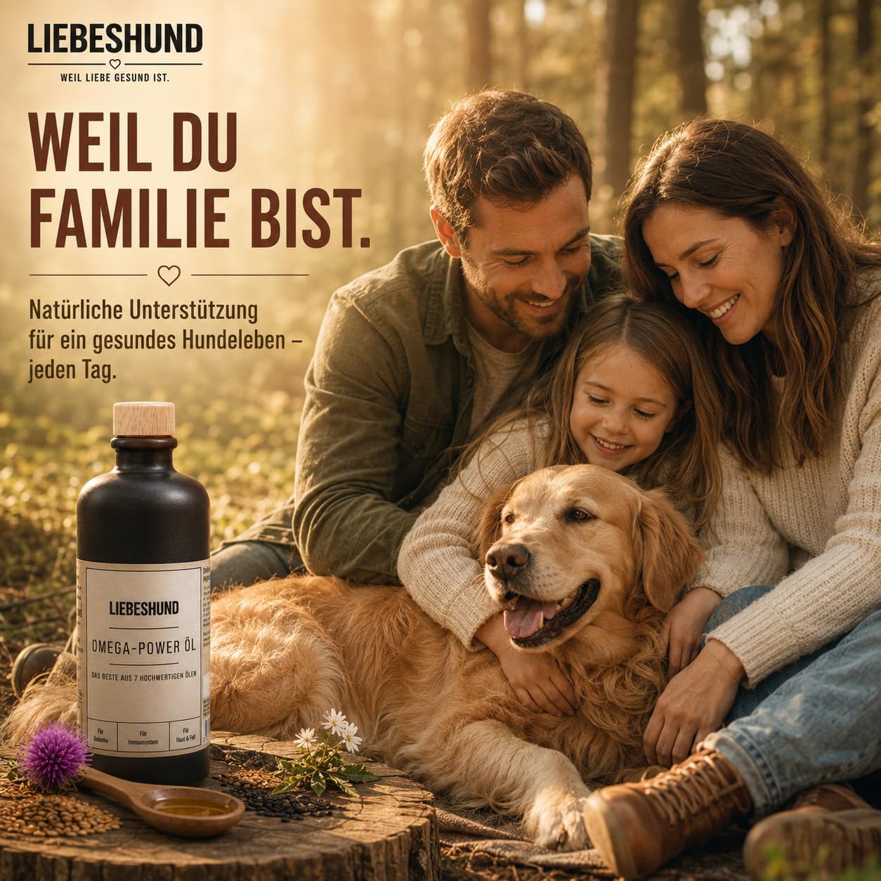 LIEBESHUND Omega-Power Hundeöl 500ml – Premium Barf Öl mit 7 Ölen für Hunde – Lachsöl, Leinöl, Hanföl, Schwarzkümmelöl – Omega 3-6-9 für Haut, Fell, Gelenke & Immunsystem - In Steinzeugflasche
